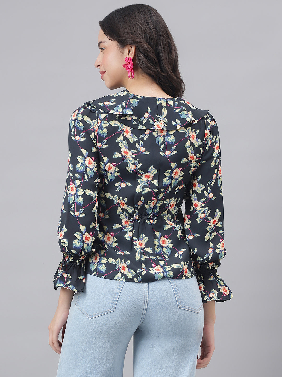 Black Full Sleeve Shirt Collar Women Floral Top