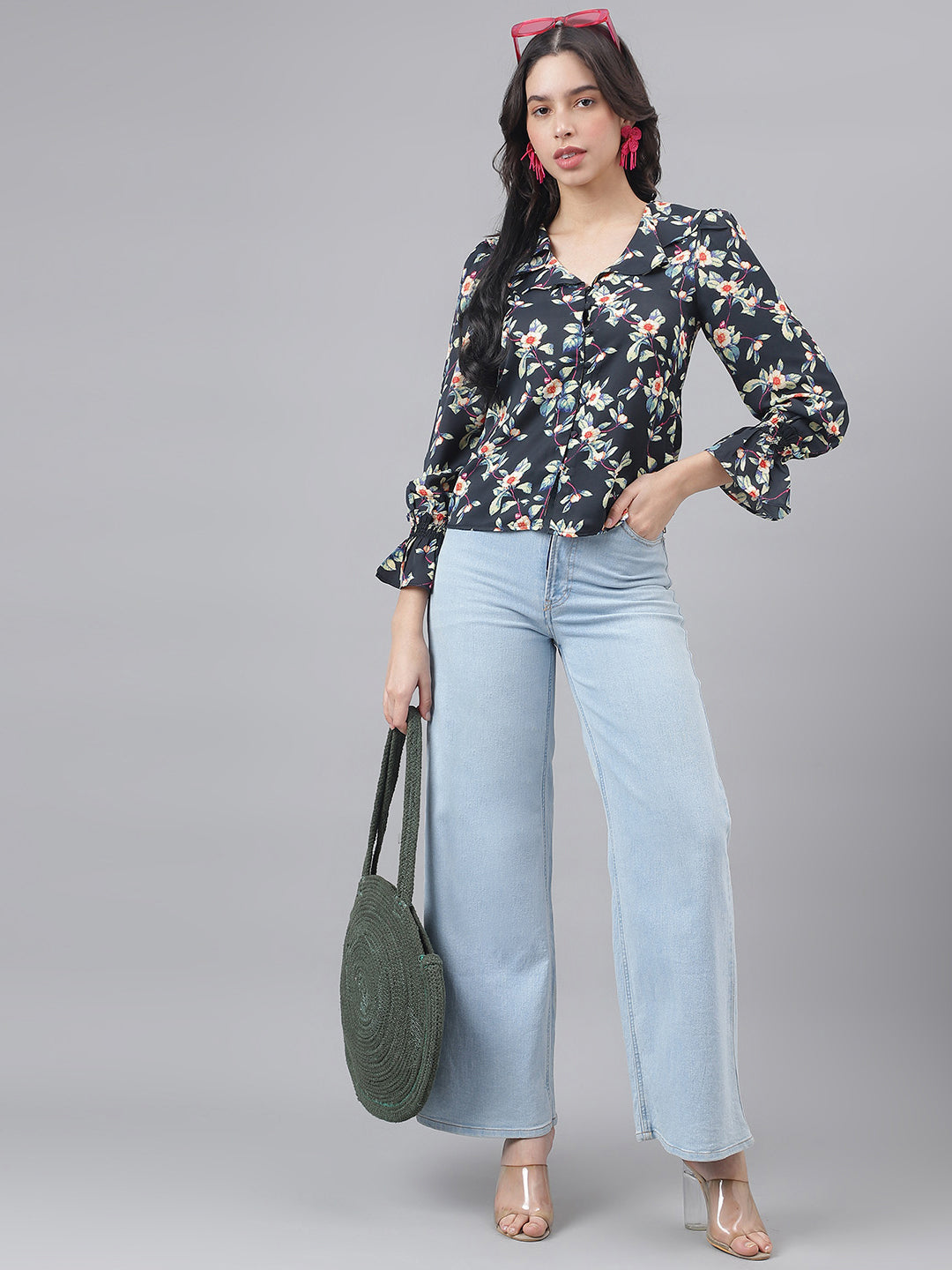 Black Full Sleeve Shirt Collar Women Floral Top