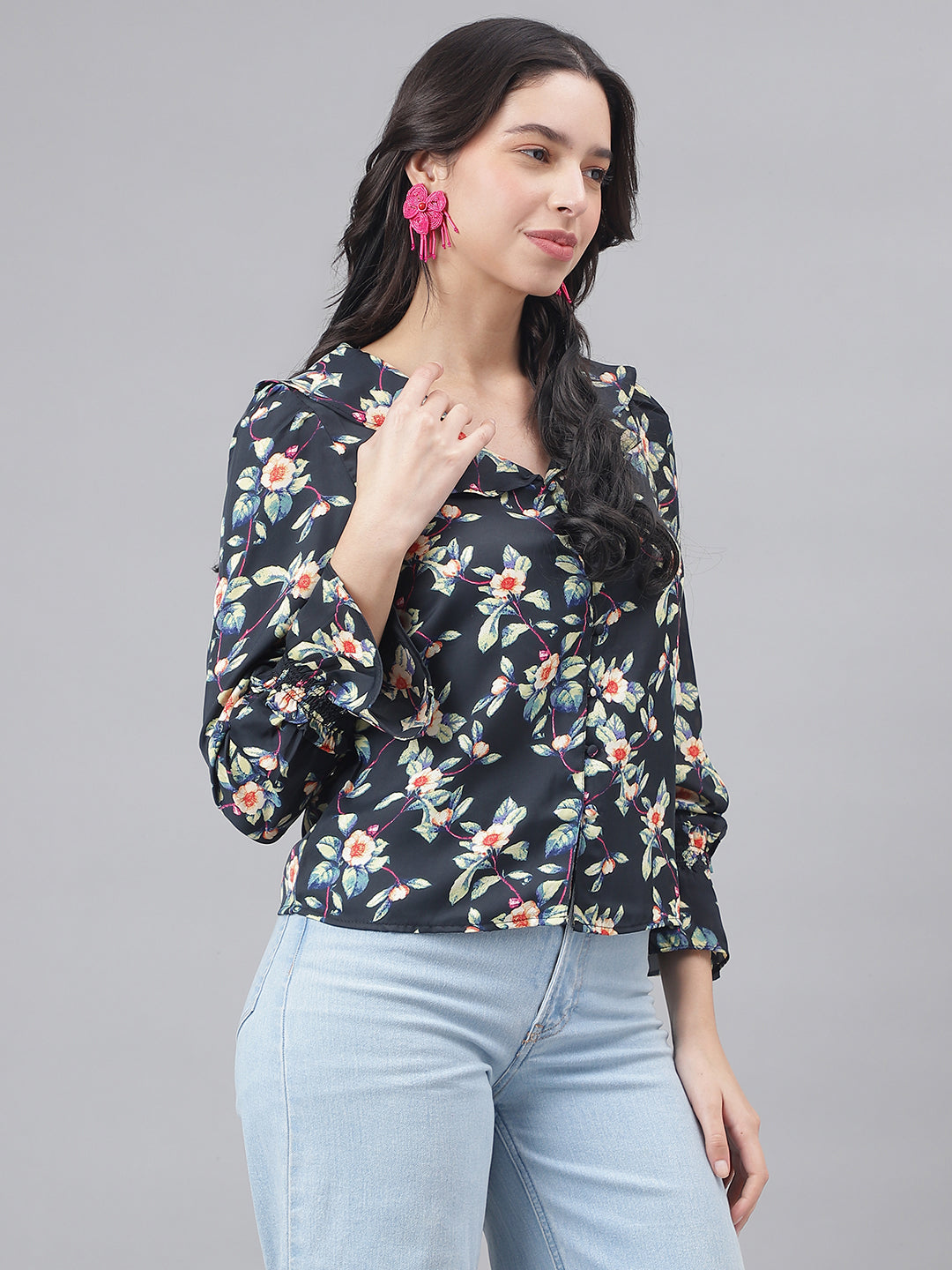 Black Full Sleeve Shirt Collar Women Floral Top