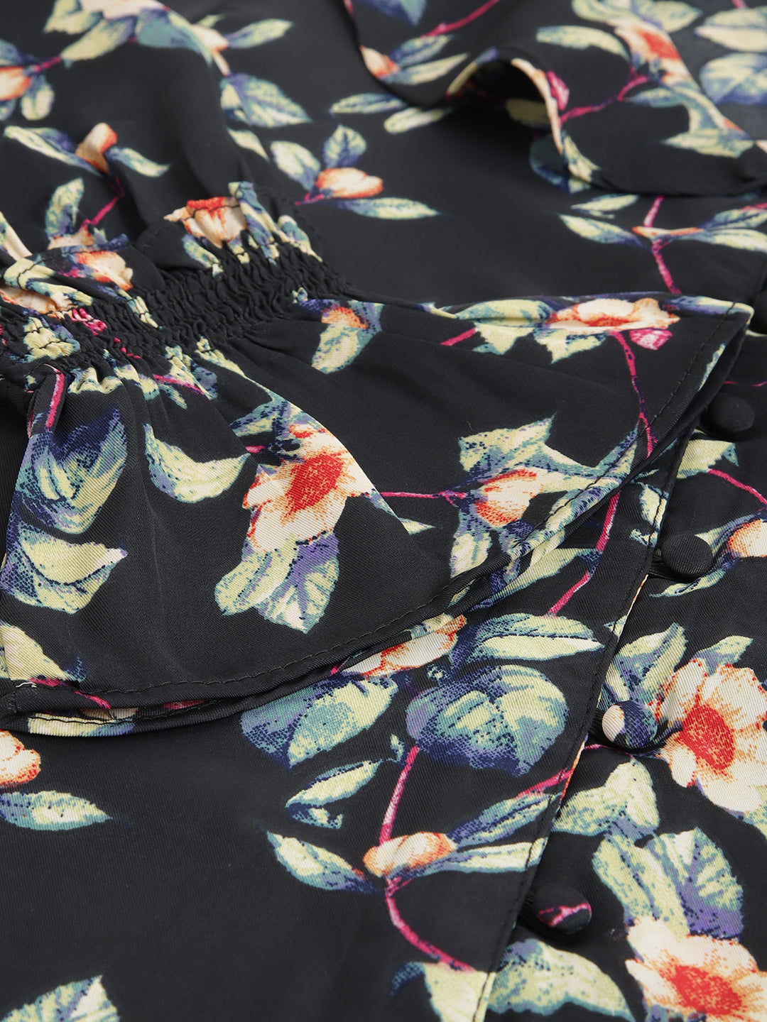Black Full Sleeve Shirt Collar Women Floral Top