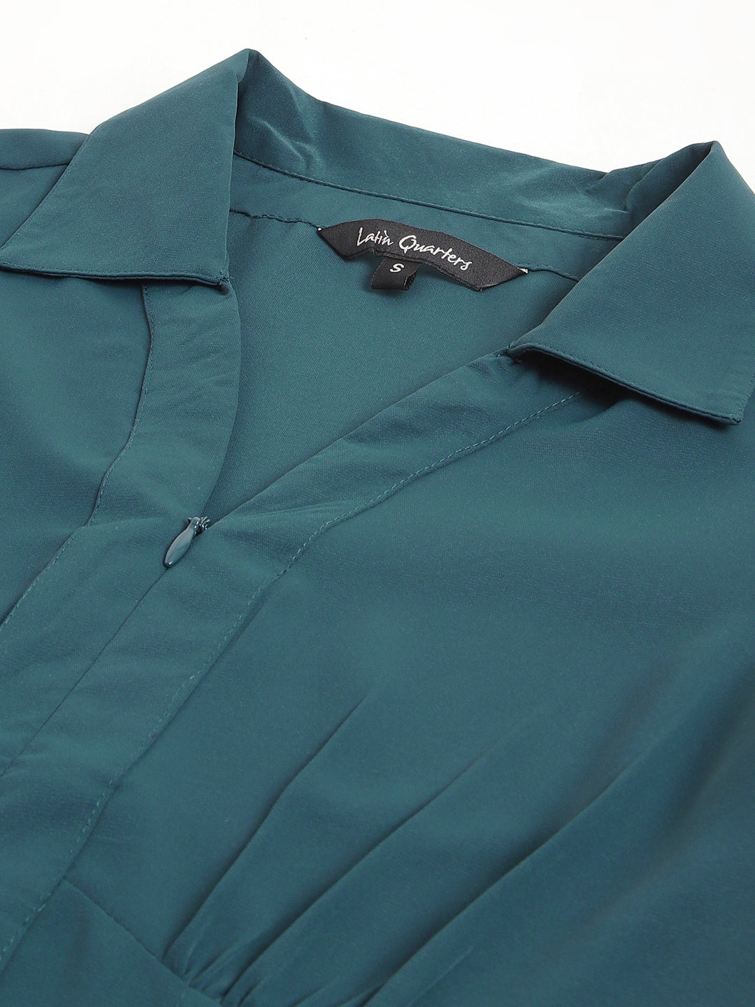 Teal Half Sleeve Shirt Collar Women Solid Top