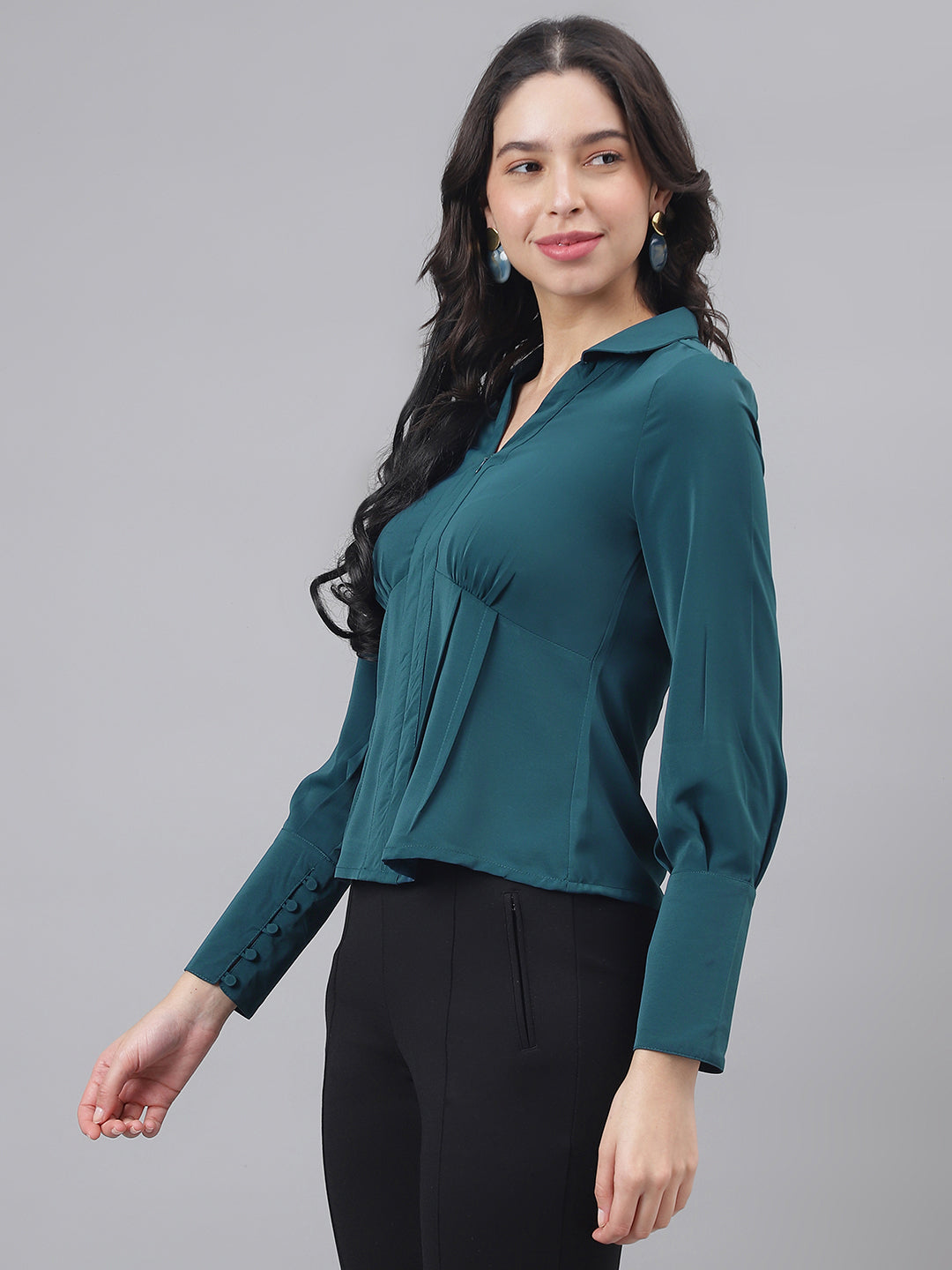 Latin Quarters Women's Teal Full Sleeves Collared Solid Casual Regular Shirt