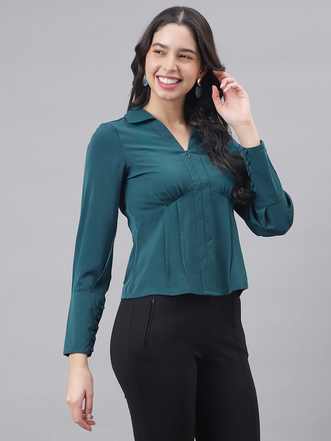 Teal Half Sleeve Shirt Collar Women Solid Top
