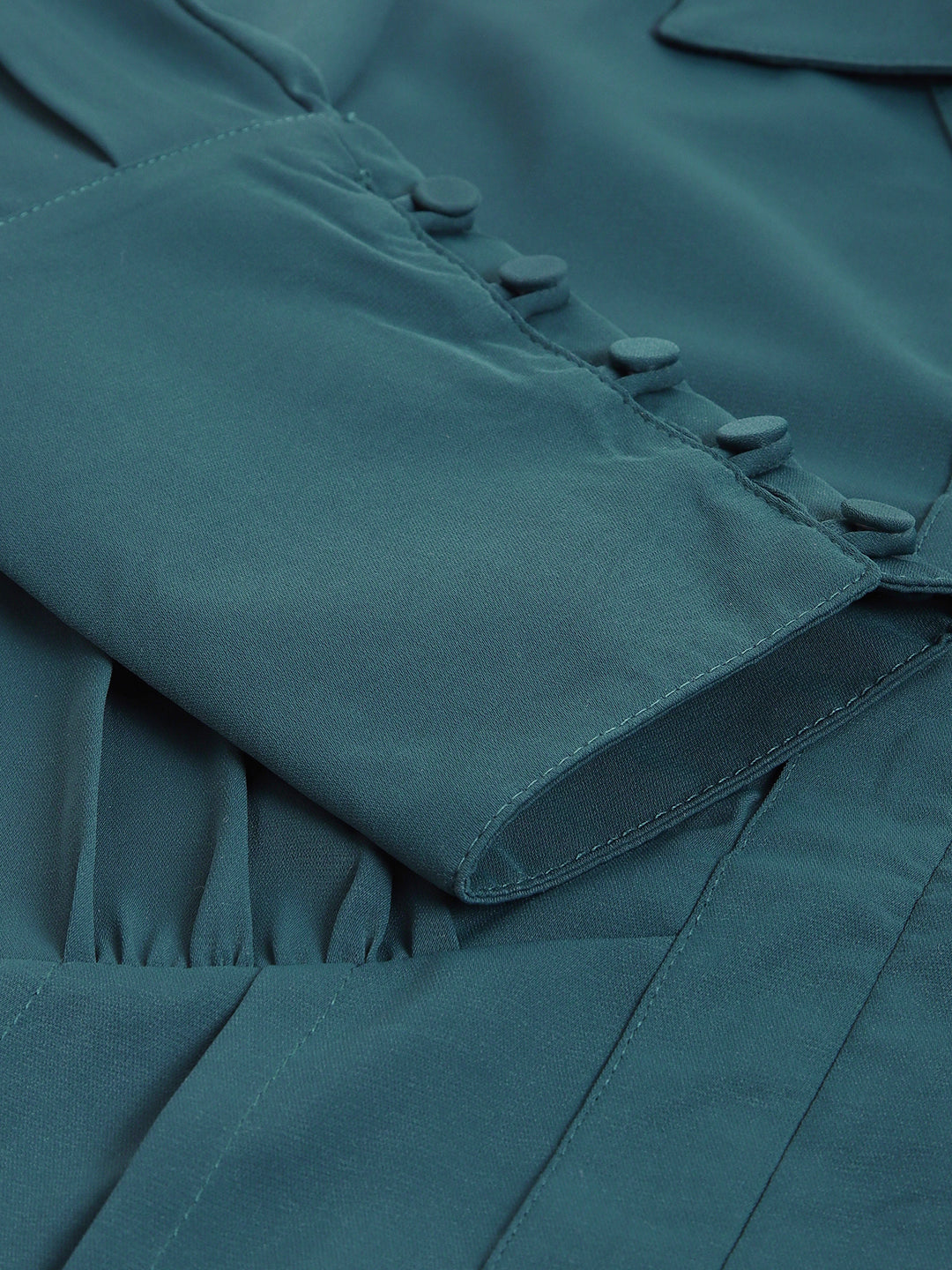 Teal Half Sleeve Shirt Collar Women Solid Top