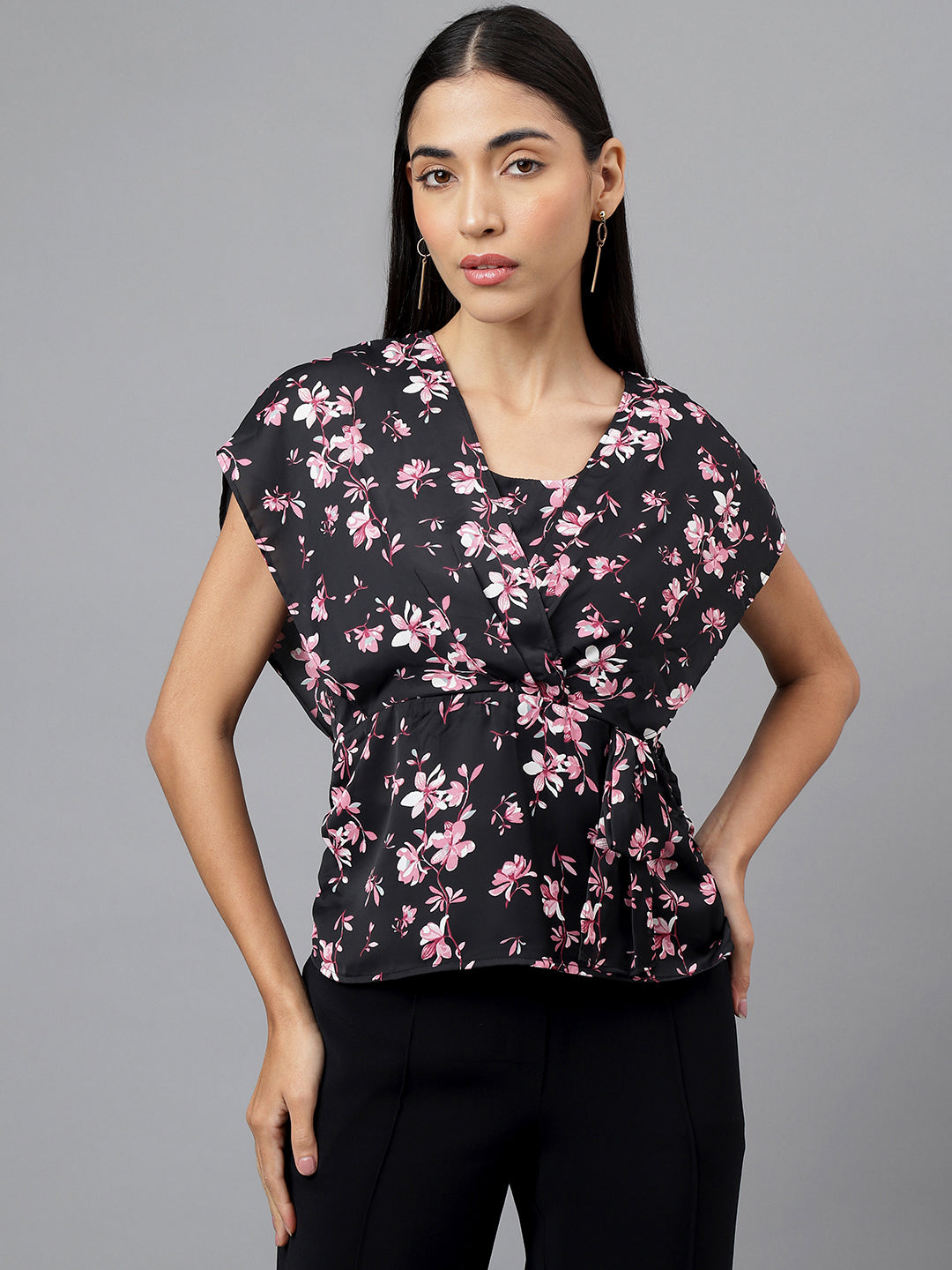 Black Cap Sleeve V-Neck Floral Print Blouse Top