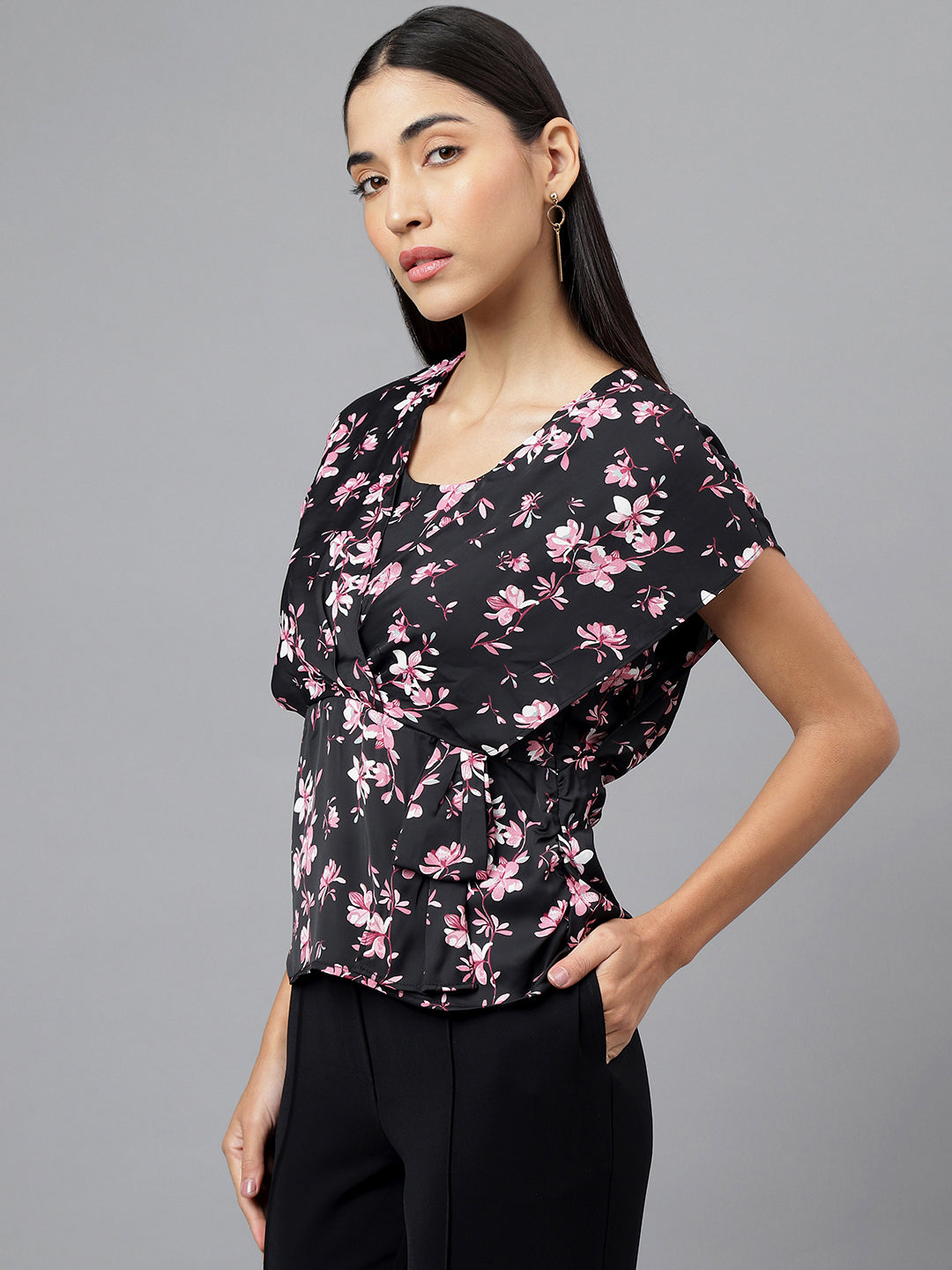 Black Cap Sleeve V-Neck Floral Print Blouse Top