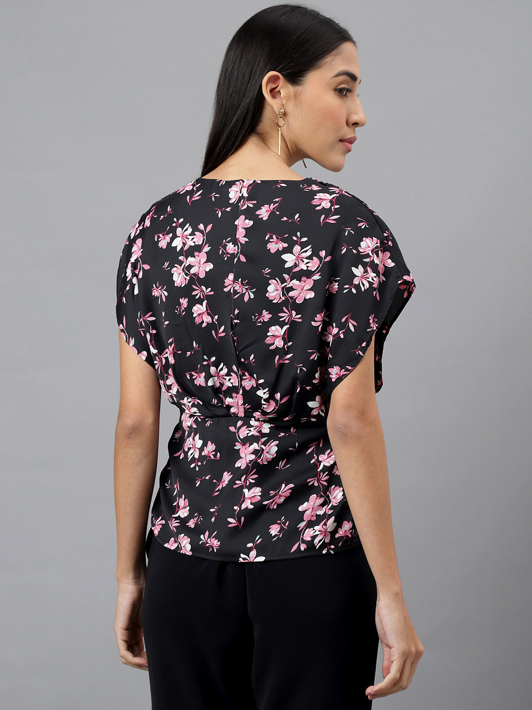Black Cap Sleeve V-Neck Floral Print Blouse Top