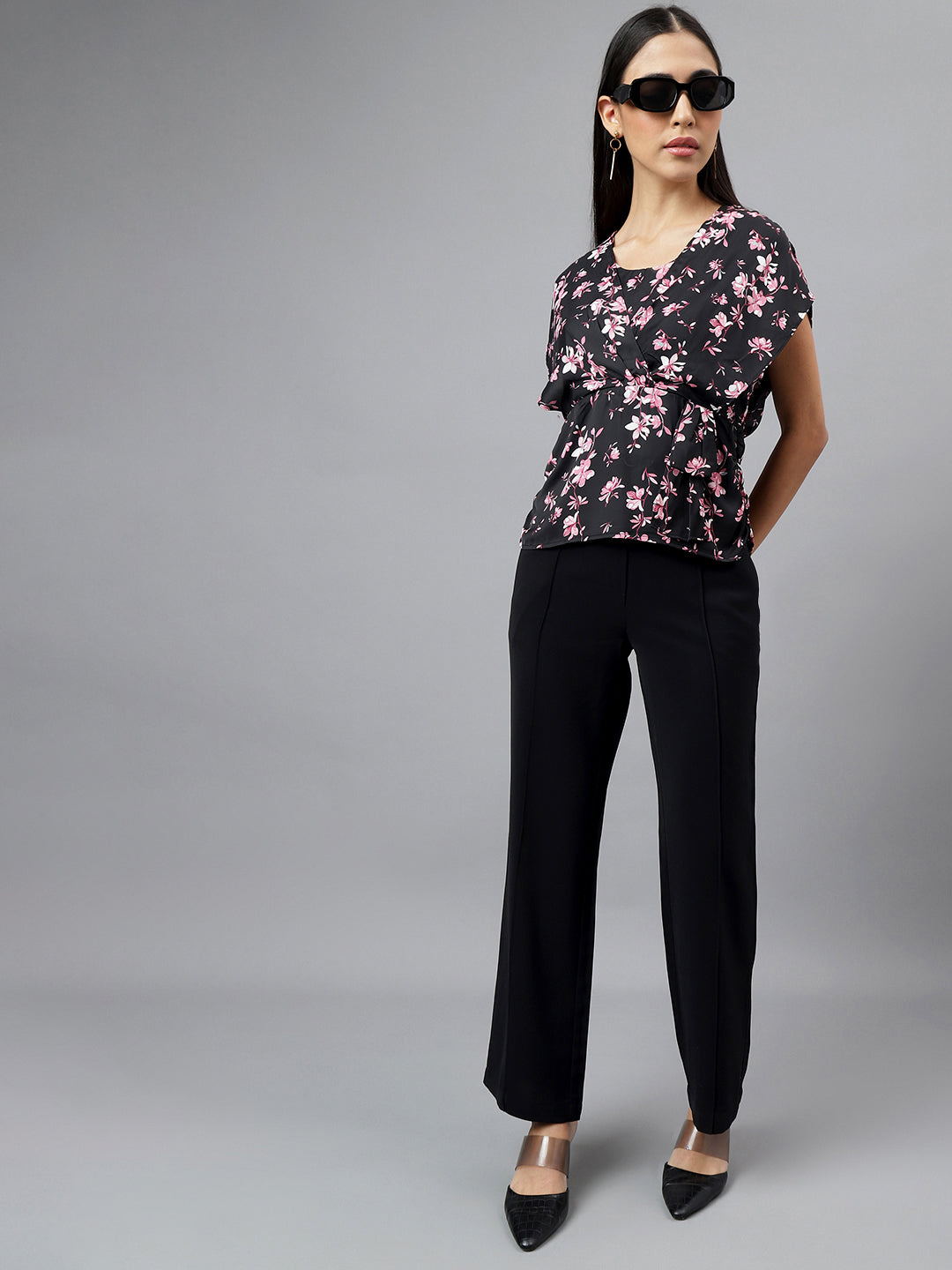 Black Cap Sleeve V-Neck Floral Print Blouse Top