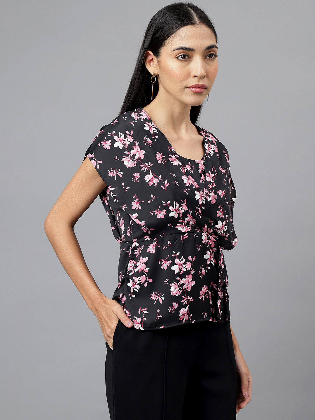Black Cap Sleeve V-Neck Floral Print Blouse Top