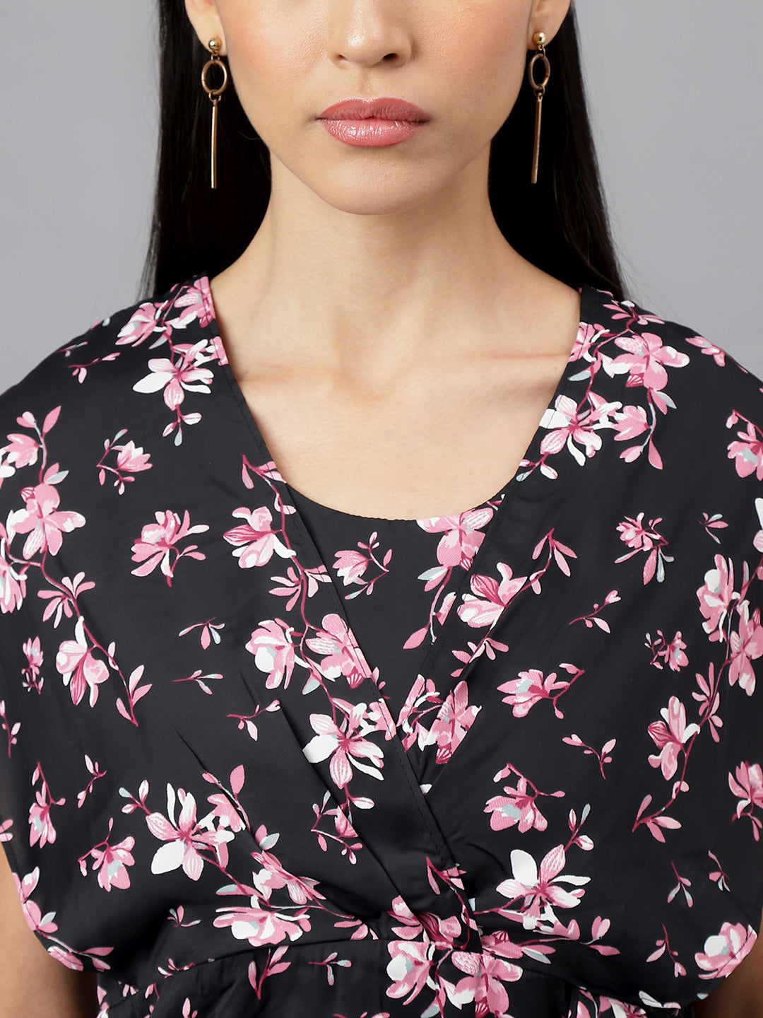 Black Cap Sleeve V-Neck Floral Print Blouse Top
