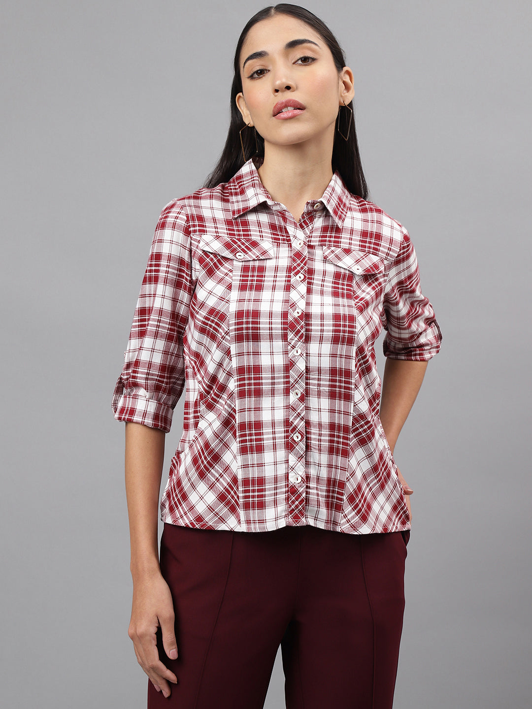 Red 3/4 Sleeve Collar Neck Check Shirt