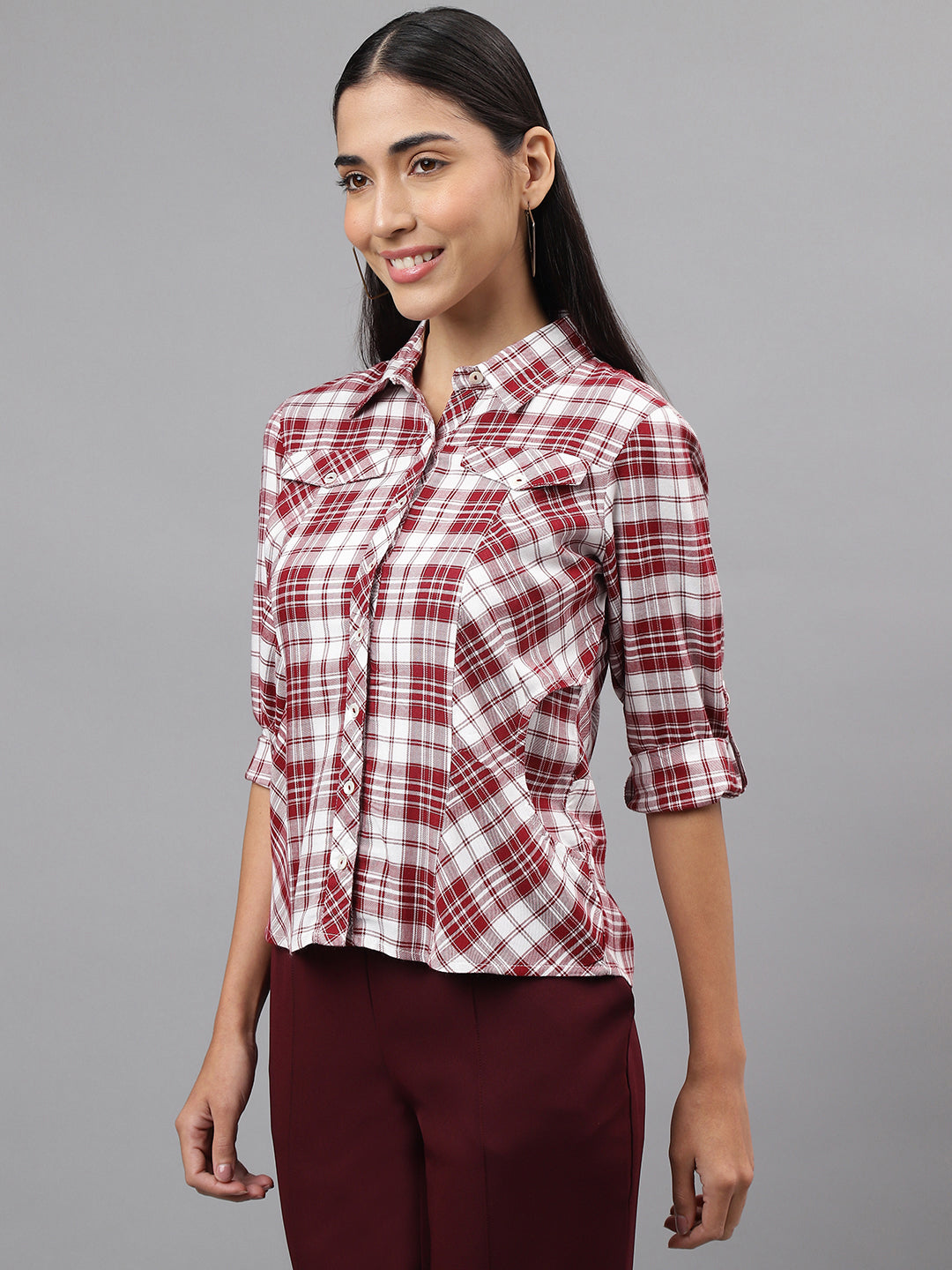 Red 3/4 Sleeve Collar Neck Check Shirt