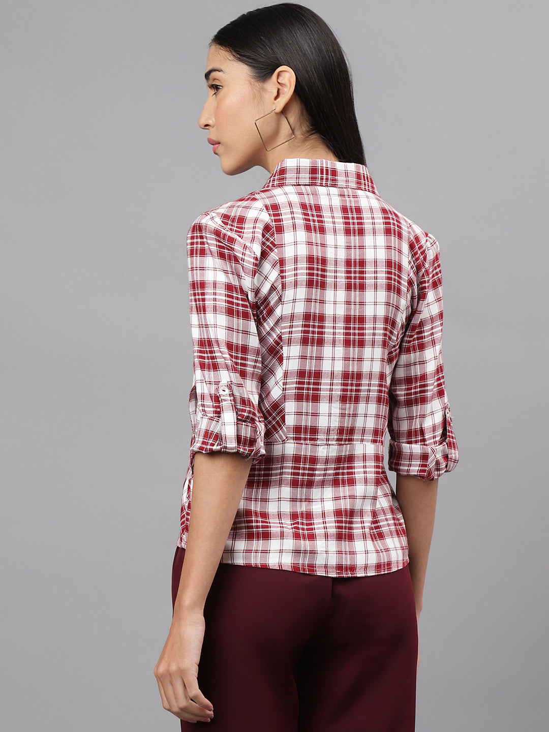 Red 3/4 Sleeve Collar Neck Check Shirt