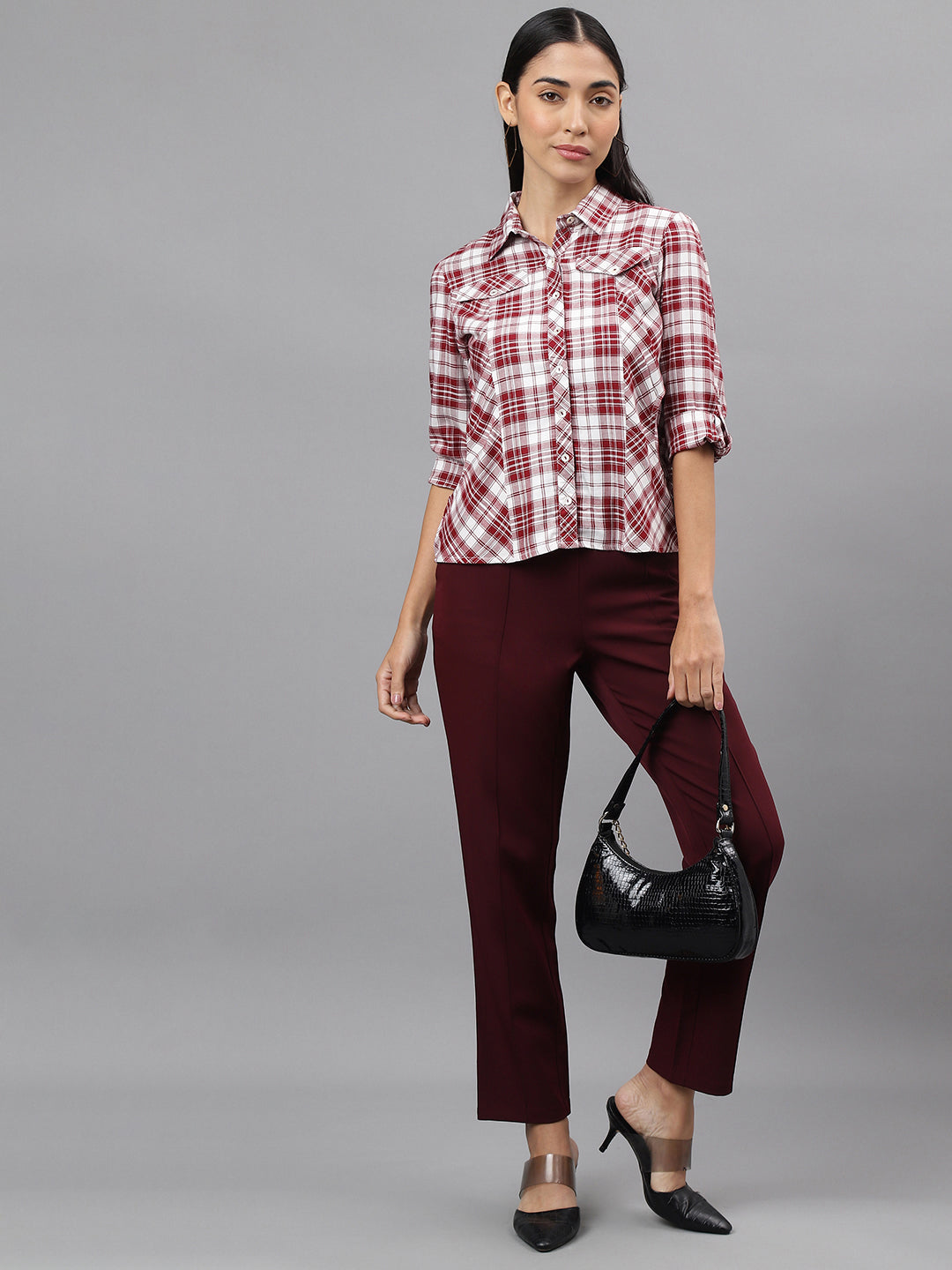 Red 3/4 Sleeve Collar Neck Check Shirt