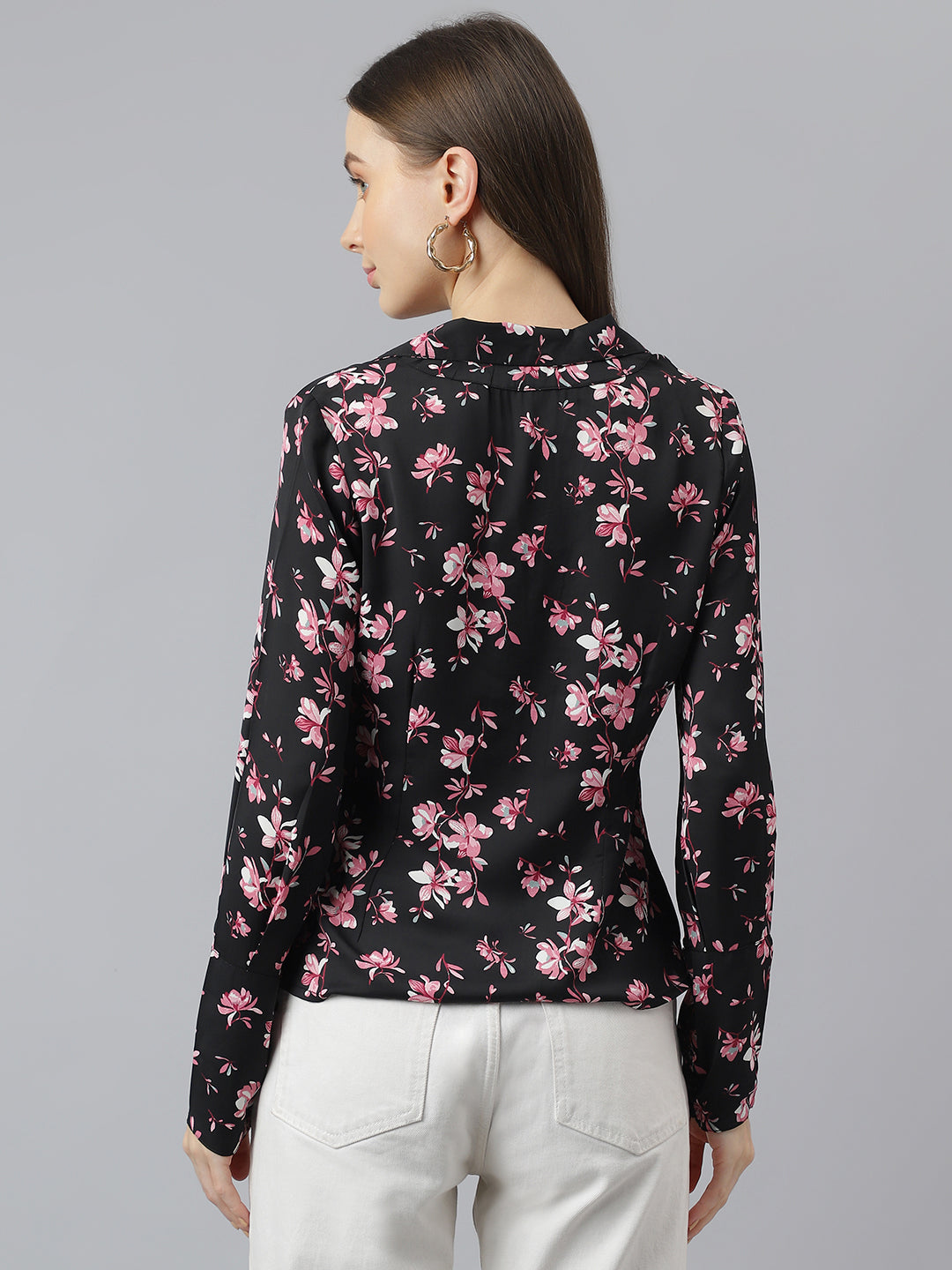 Black Full Sleeve Collar Neck Floral Print Women Shirt for Casual