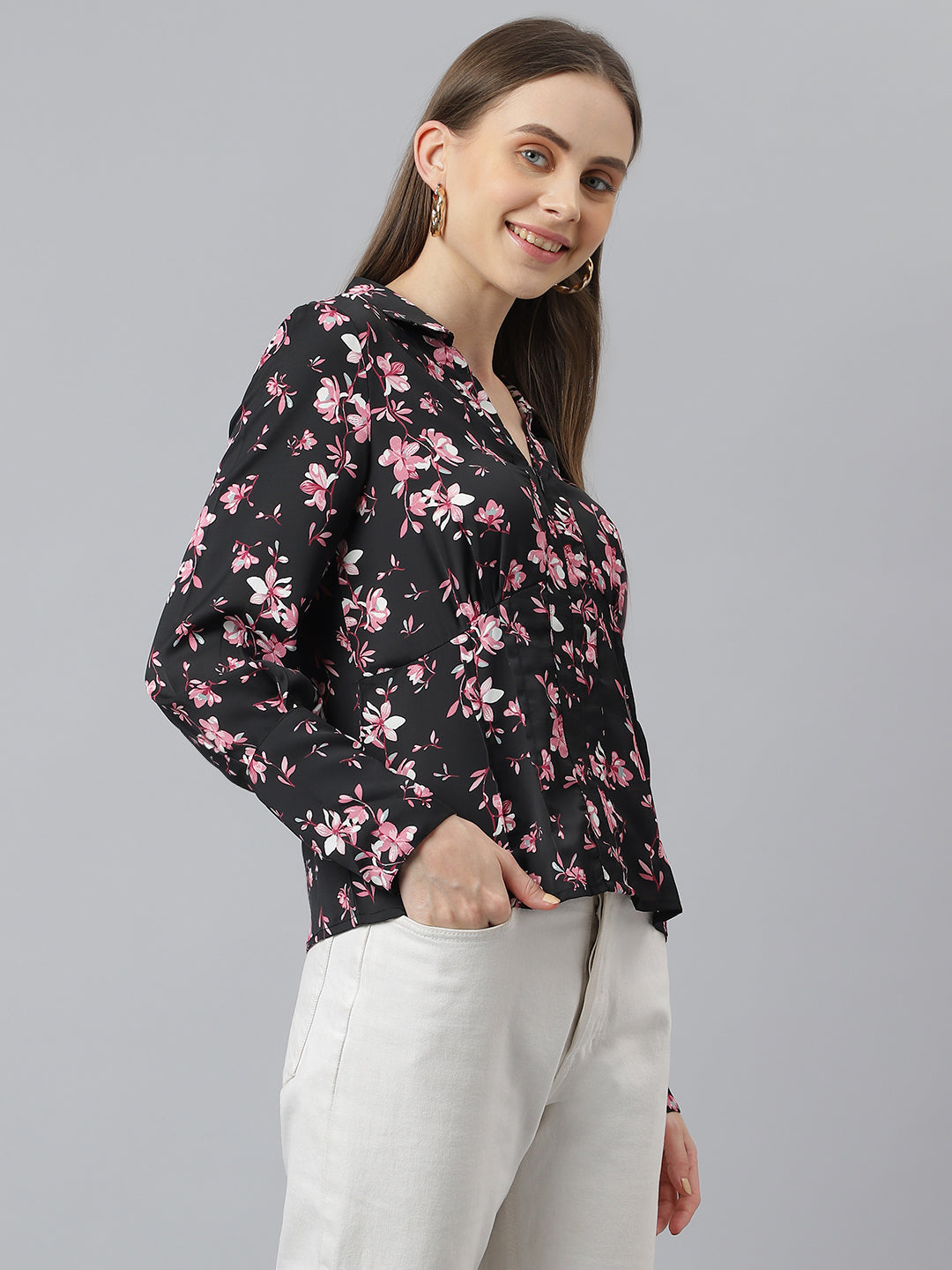 Black Full Sleeve Collar Neck Floral Print Women Shirt for Casual