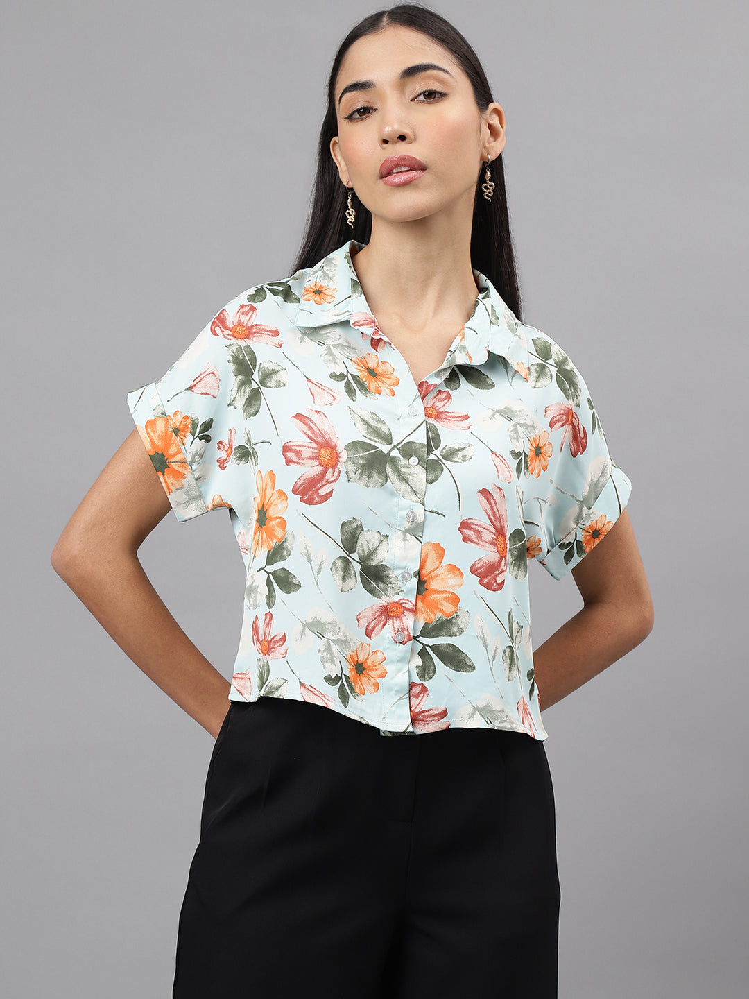 Green Cap Sleeve Collar Neck Floral Print Crop Blouse