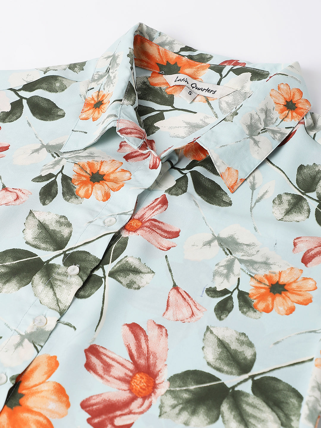 Green Cap Sleeve Collar Neck Floral Print Crop Blouse