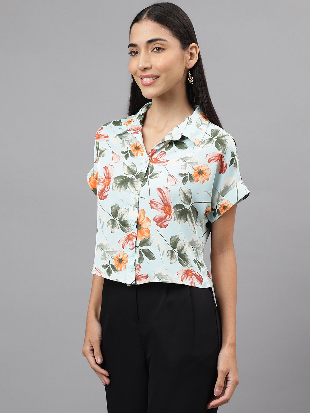 Green Cap Sleeve Collar Neck Floral Print Crop Blouse