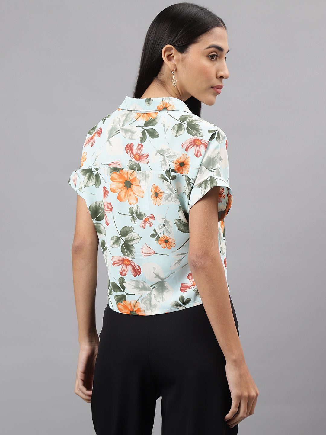 Green Cap Sleeve Collar Neck Floral Print Crop Blouse