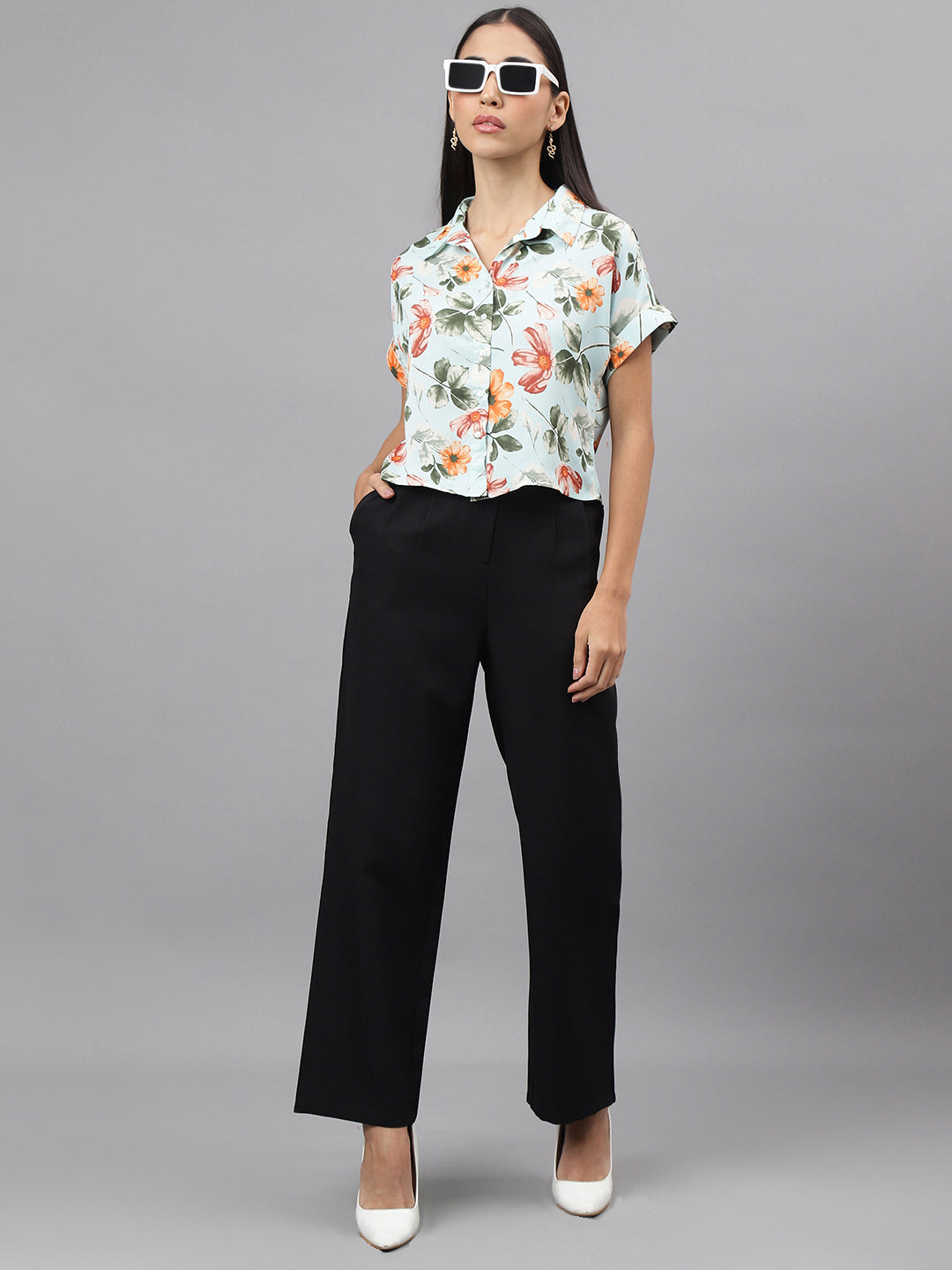 Green Cap Sleeve Collar Neck Floral Print Crop Blouse