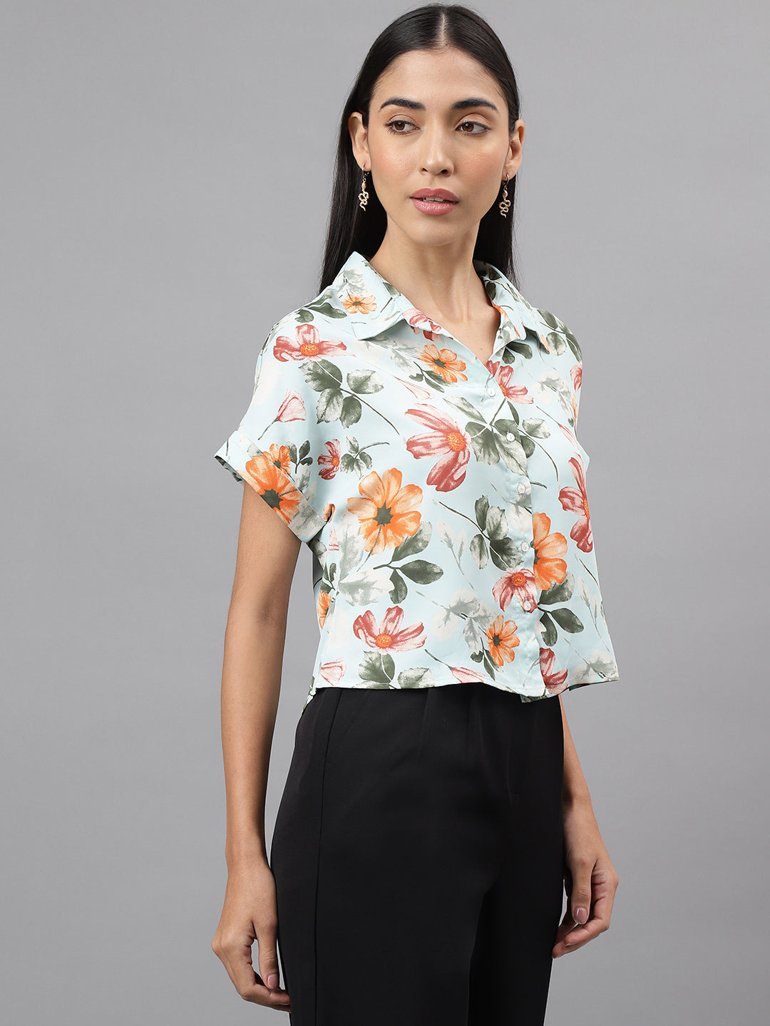 Green Cap Sleeve Collar Neck Floral Print Crop Blouse