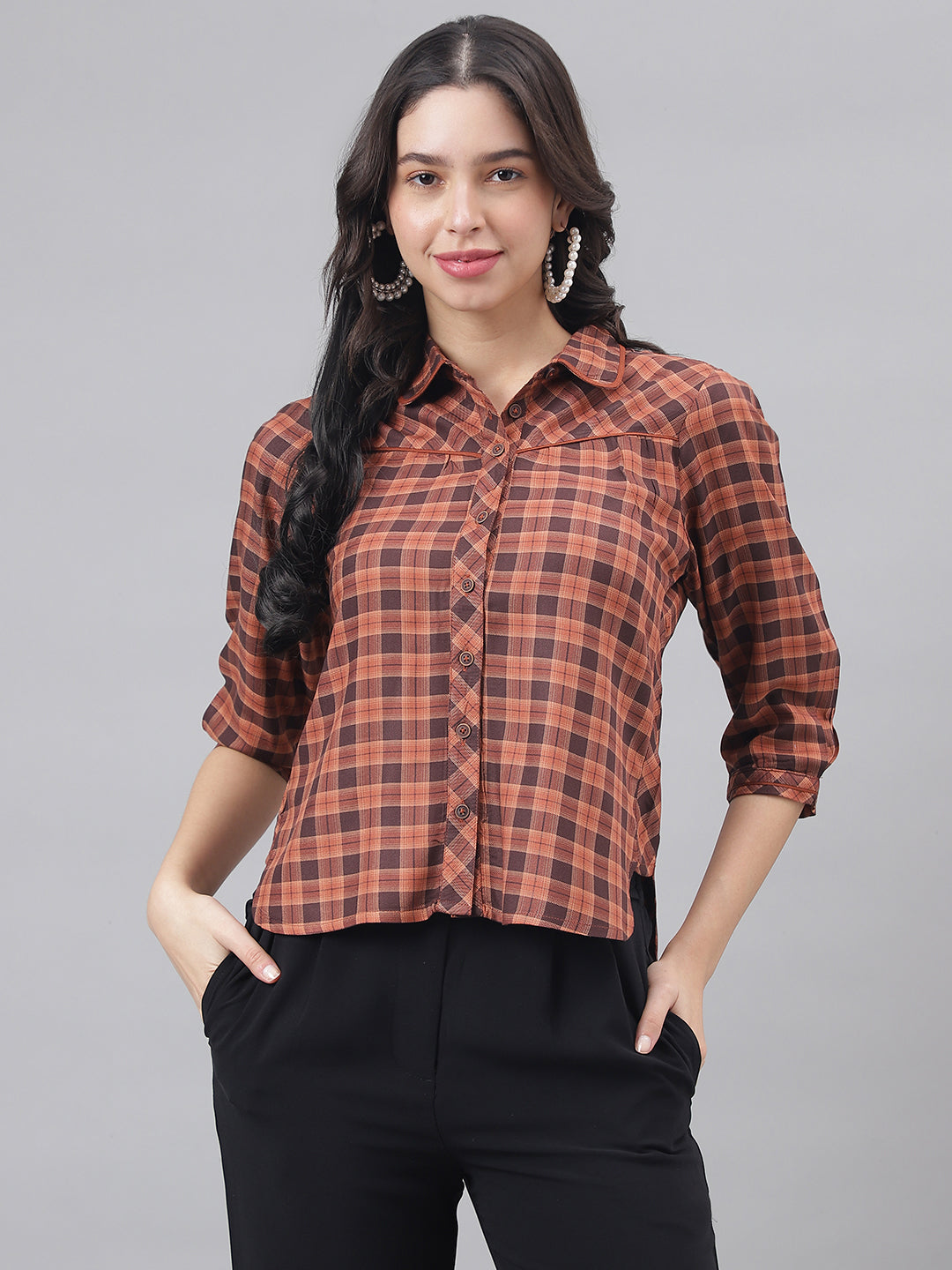 Brown 3/4 Sleeve Shirt Collar Women Checked Top