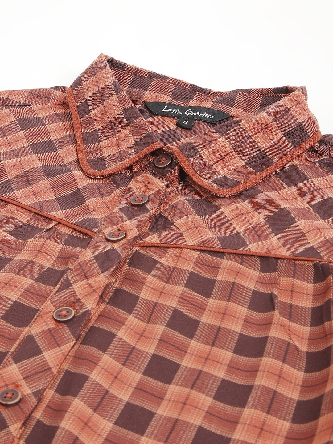 Brown 3/4 Sleeve Shirt Collar Women Checked Top