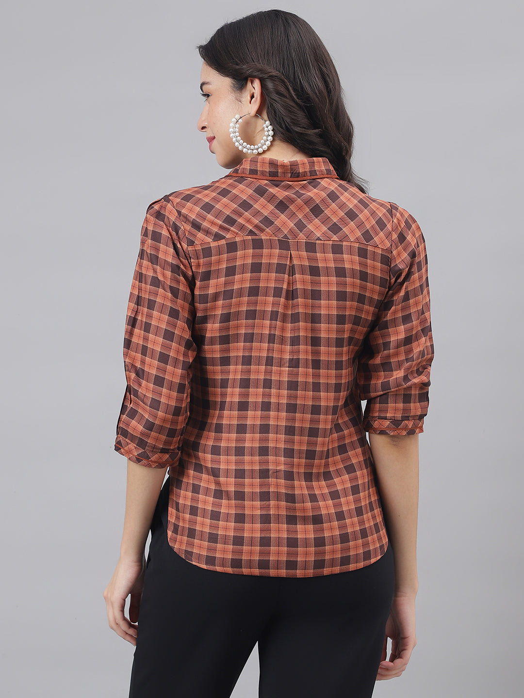 Brown 3/4 Sleeve Shirt Collar Women Checked Top