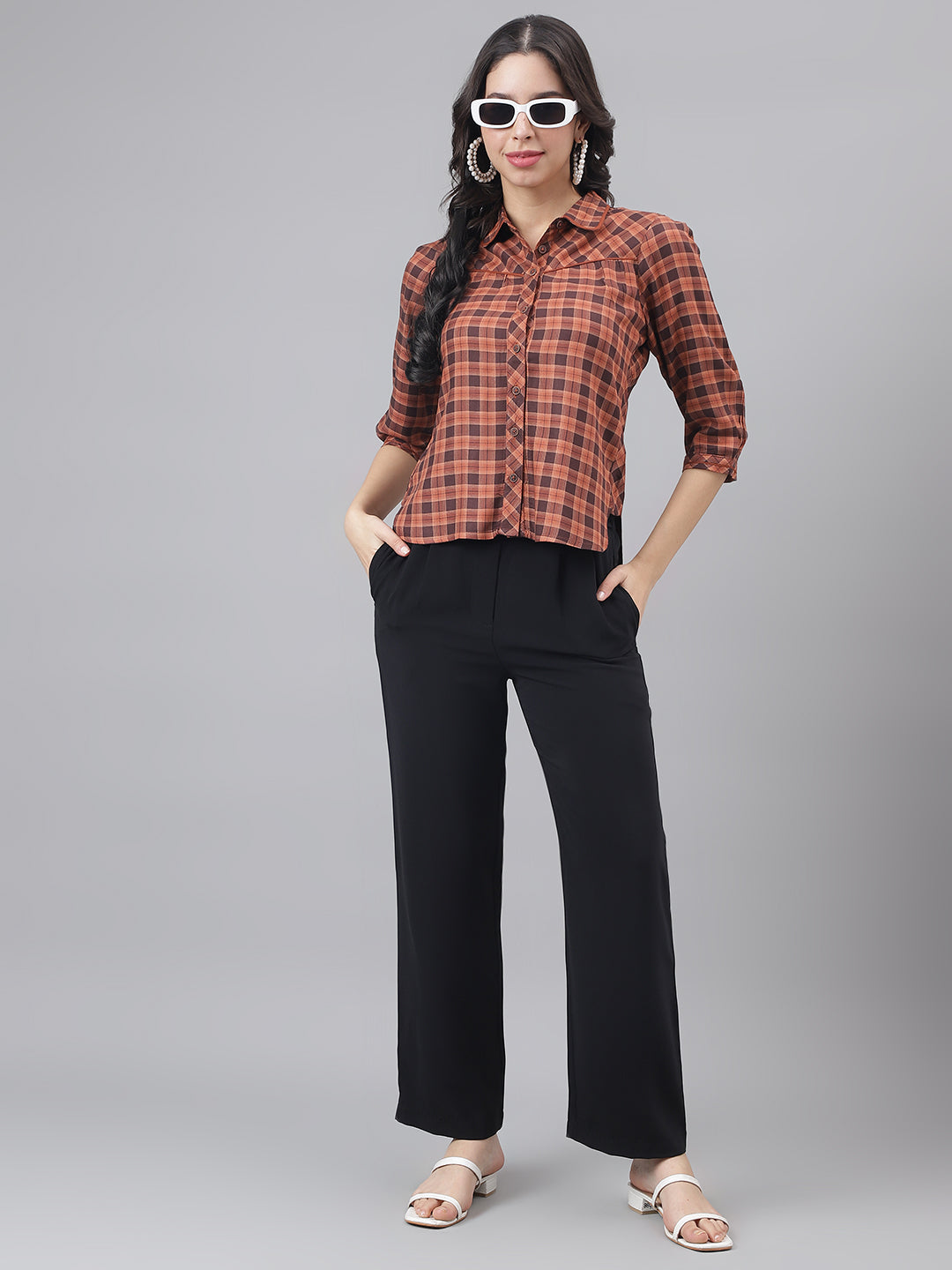 Brown 3/4 Sleeve Shirt Collar Women Checked Top
