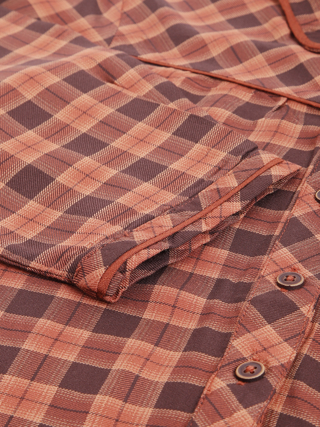 Brown 3/4 Sleeve Shirt Collar Women Checked Top