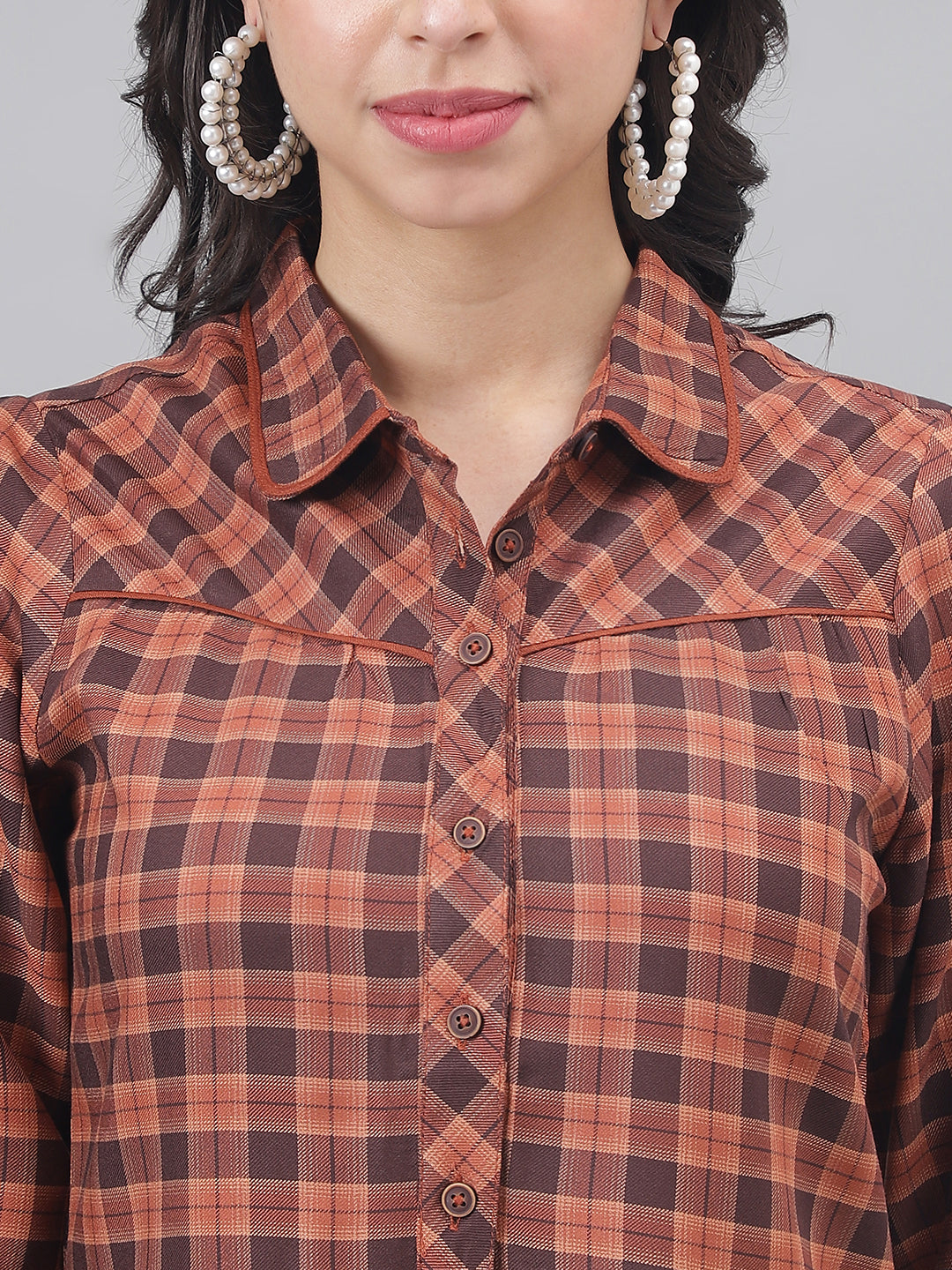 Brown 3/4 Sleeve Shirt Collar Women Checked Top