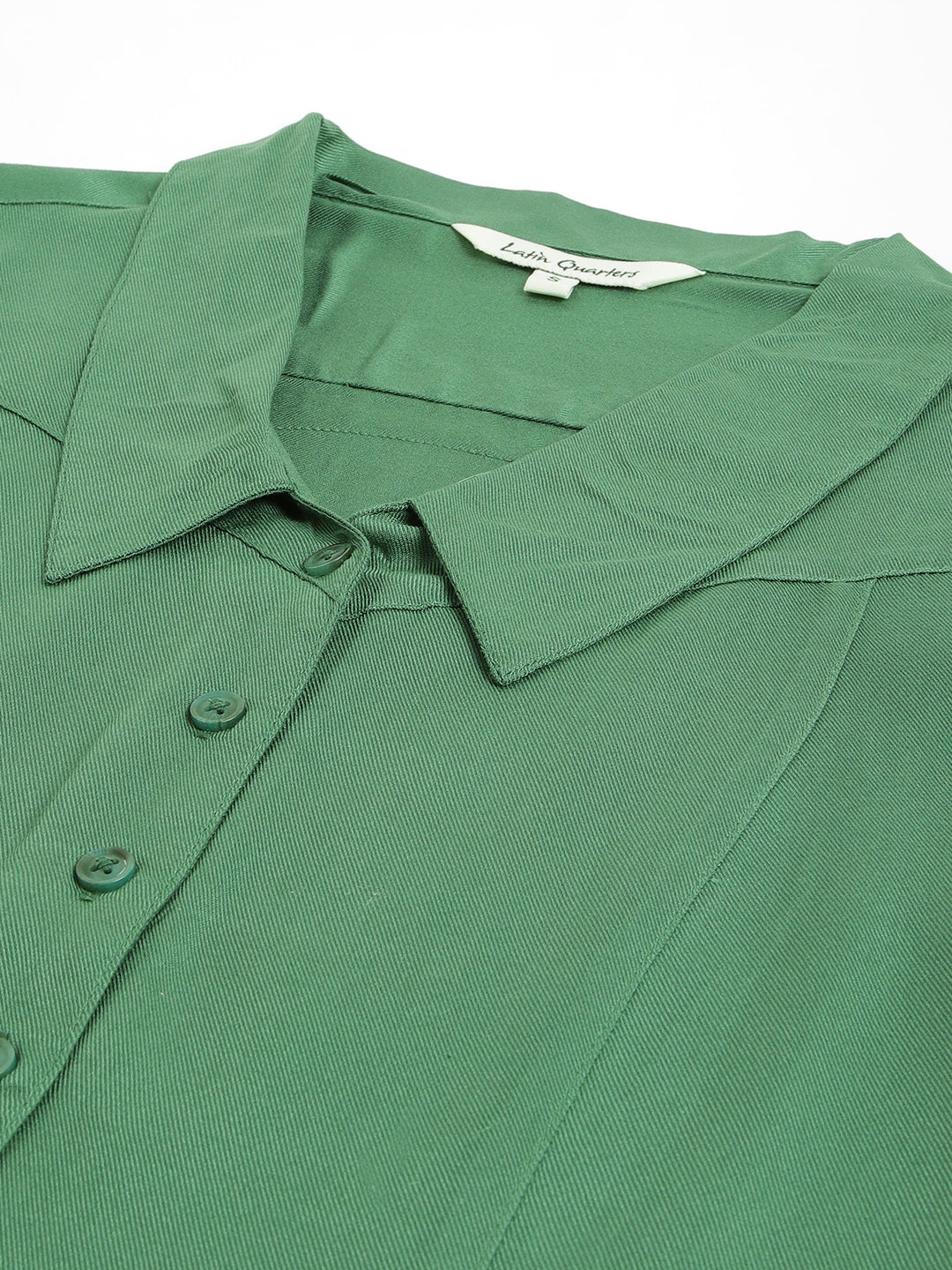 Green 3/4 Sleeve Shirt Collar Women Solid Top