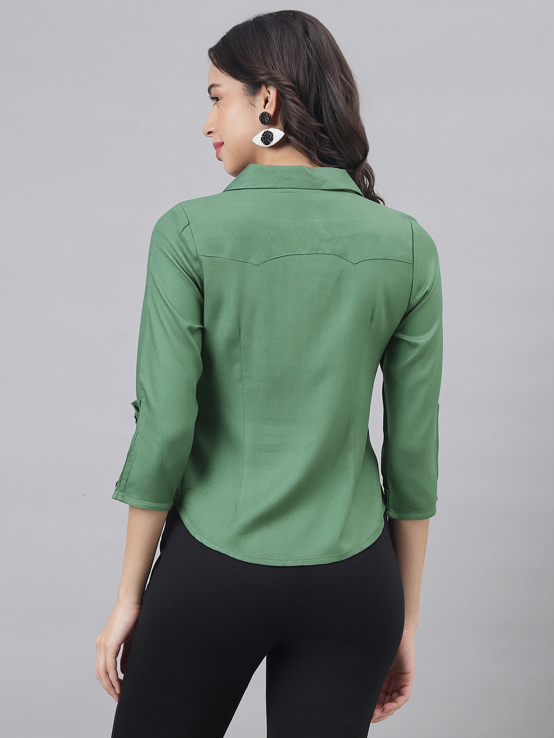 Green 3/4 Sleeve Shirt Collar Women Solid Top