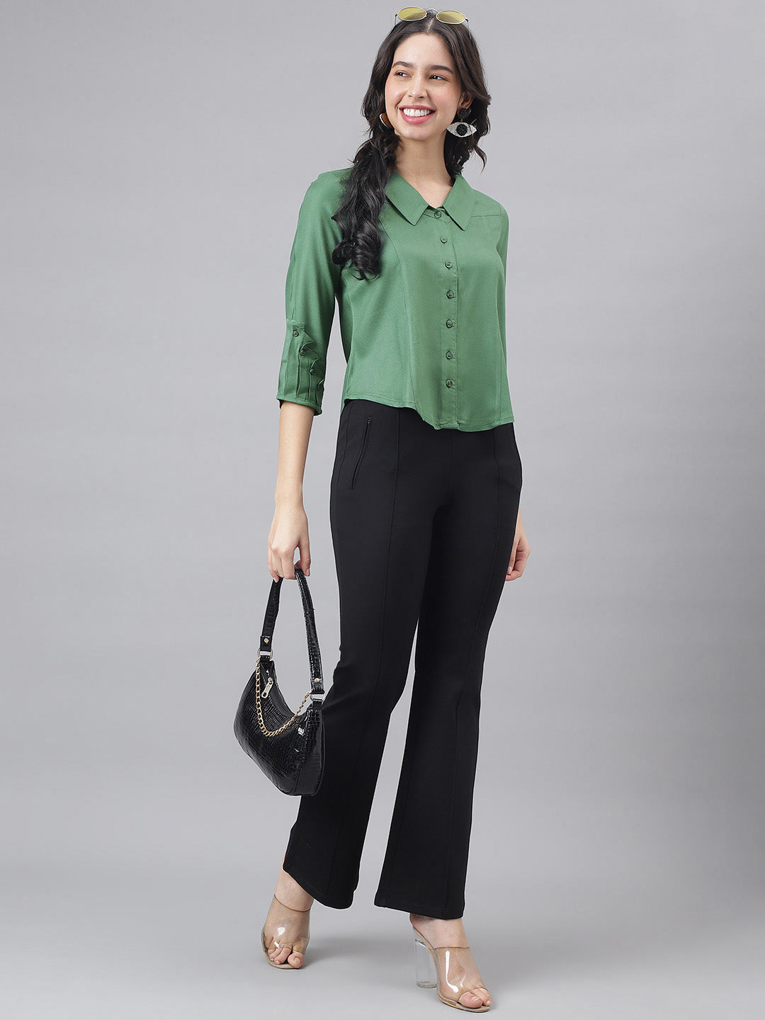 Green 3/4 Sleeve Shirt Collar Women Solid Top