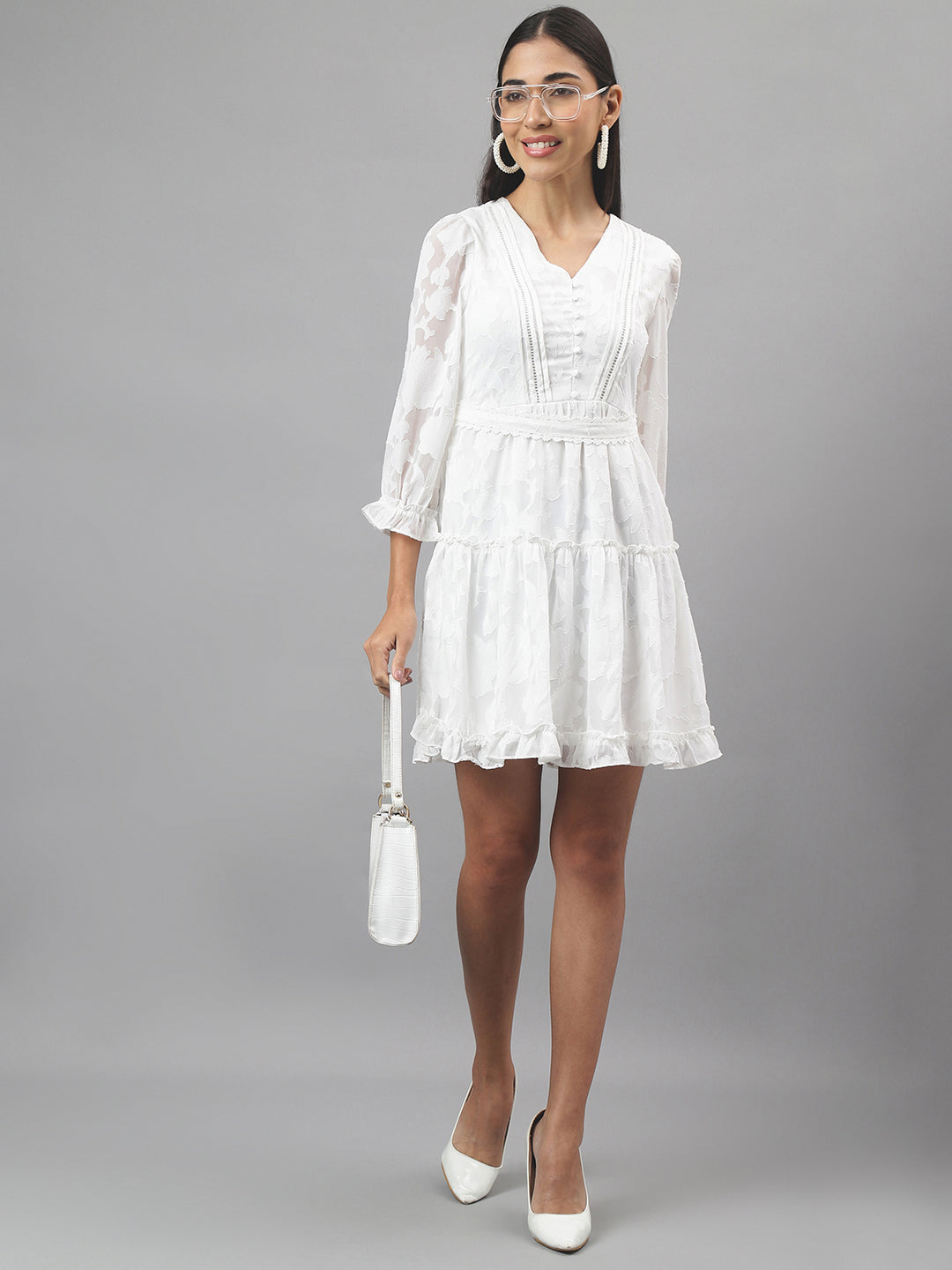 Women White 3/4Th Sleeve V-Neck Solid Mini Dress For Casual