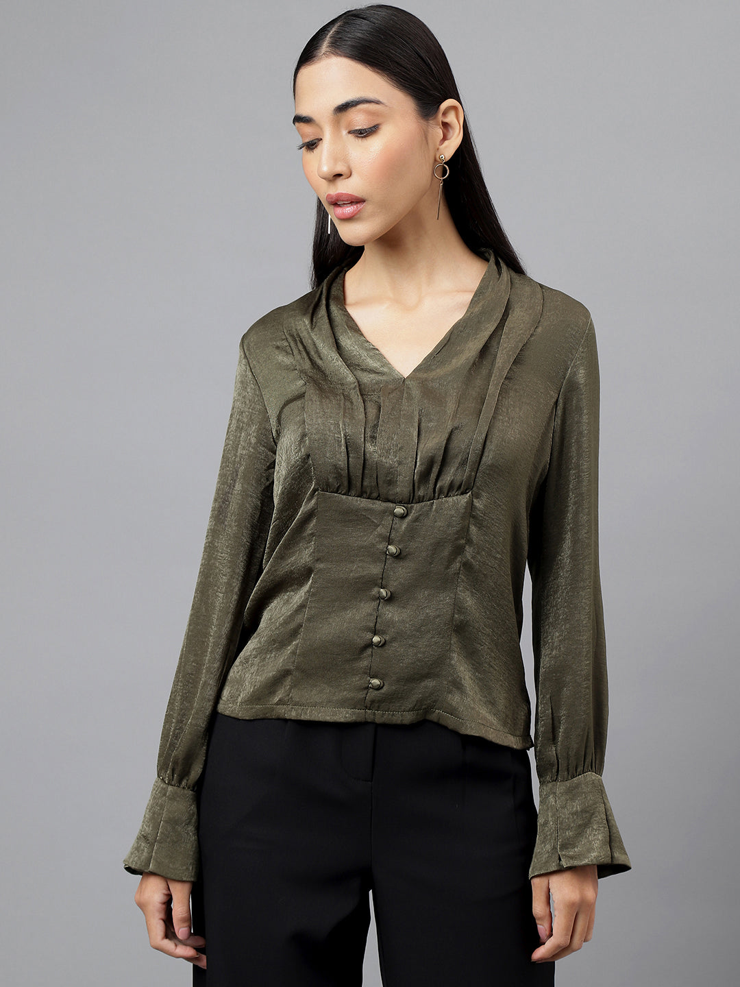 Green Full Sleeve V-Neck Solid Blouse Top