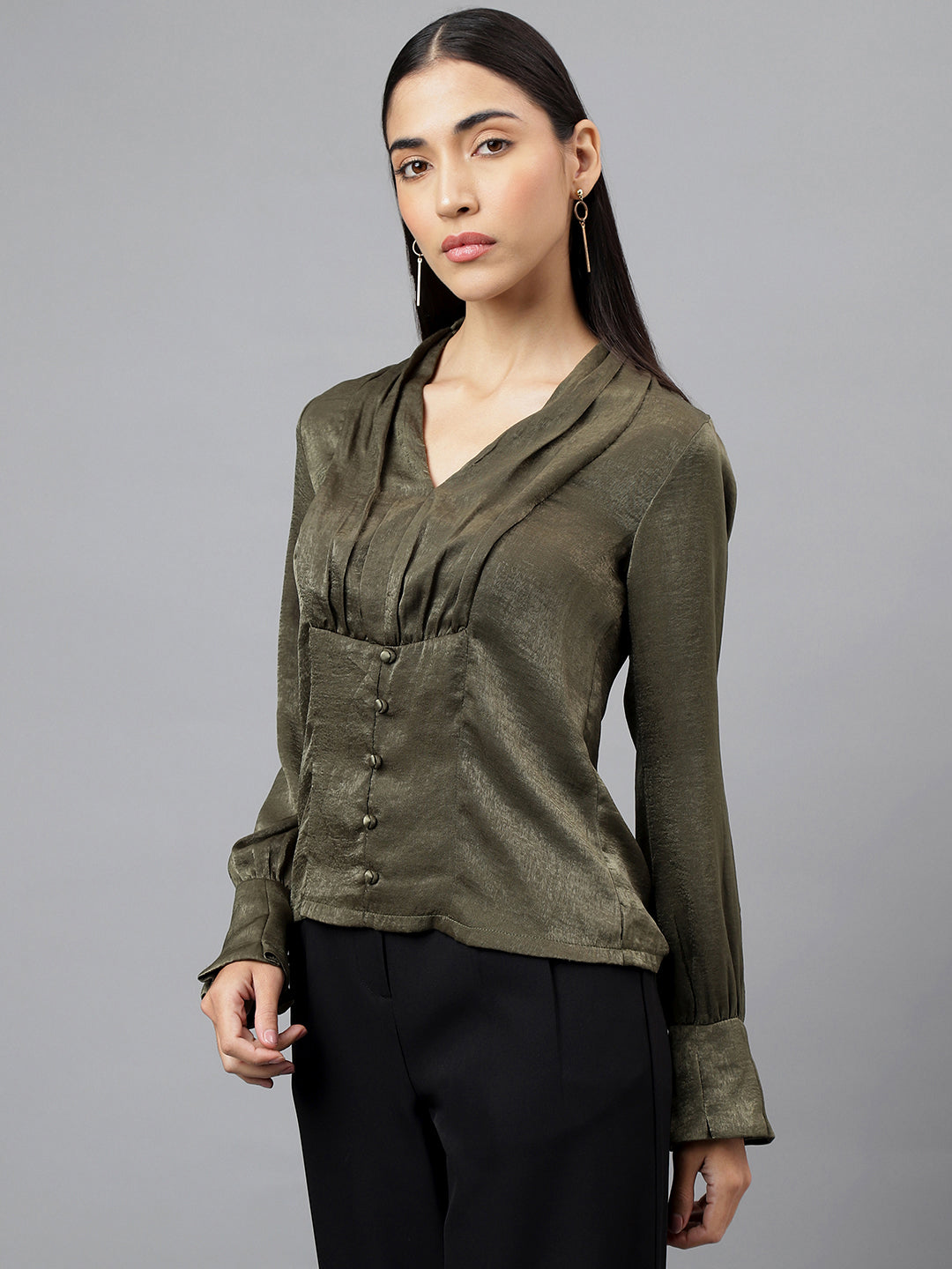 Green Full Sleeve V-Neck Solid Blouse Top