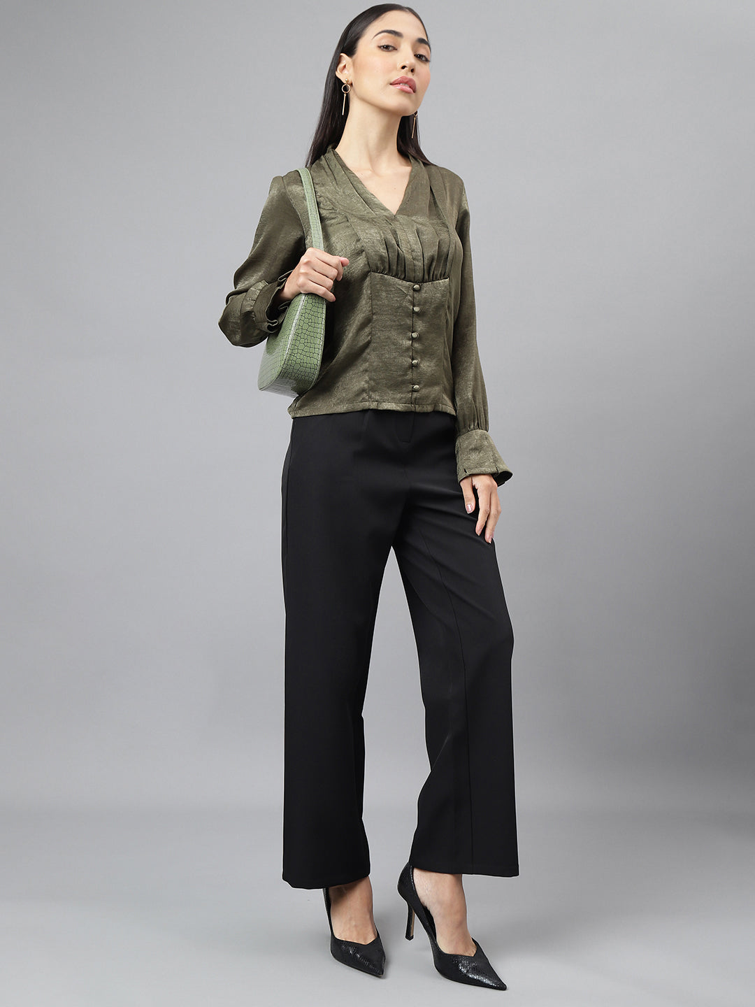Green Full Sleeve V-Neck Solid Blouse Top