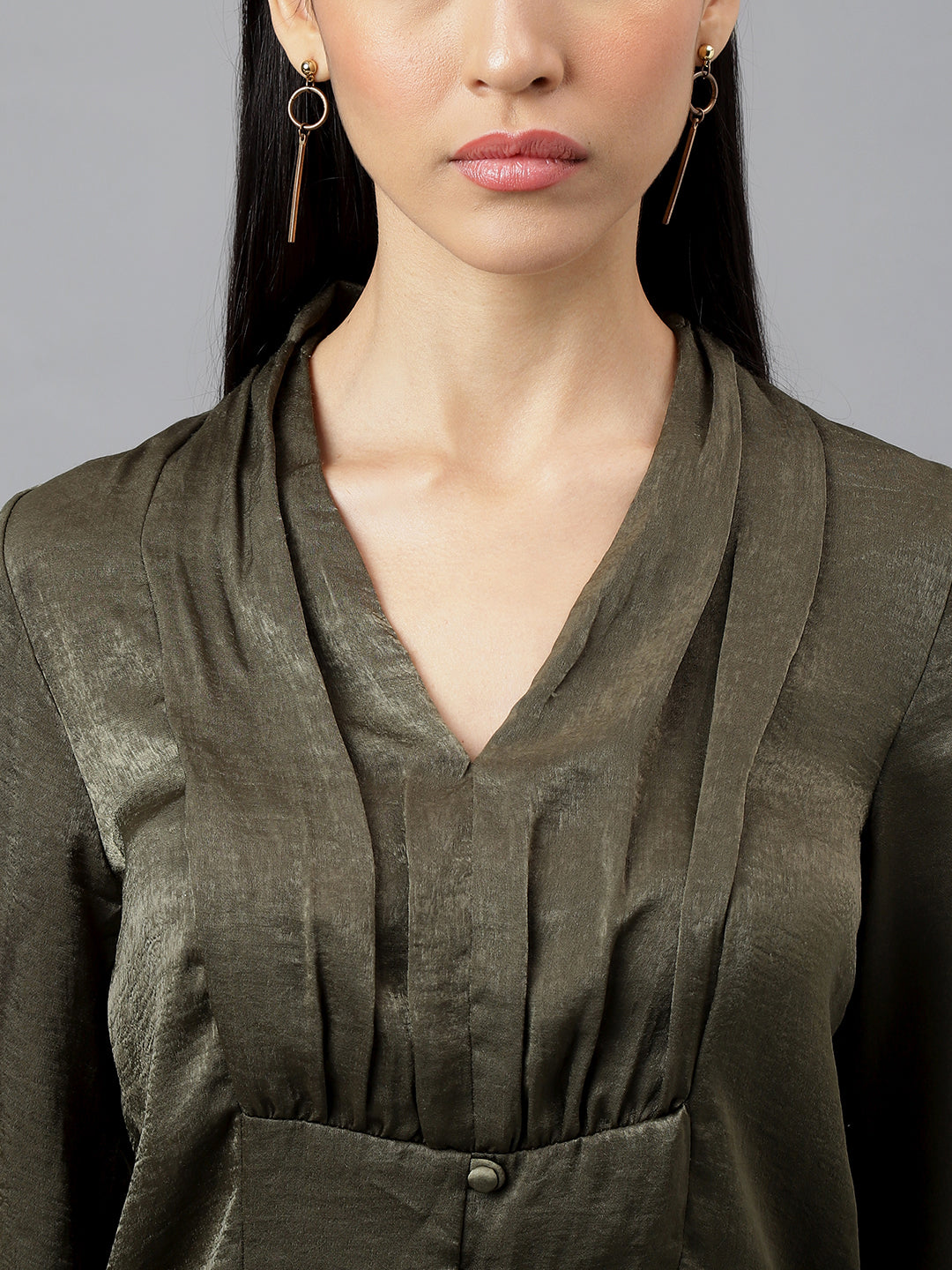 Green Full Sleeve V-Neck Solid Blouse Top