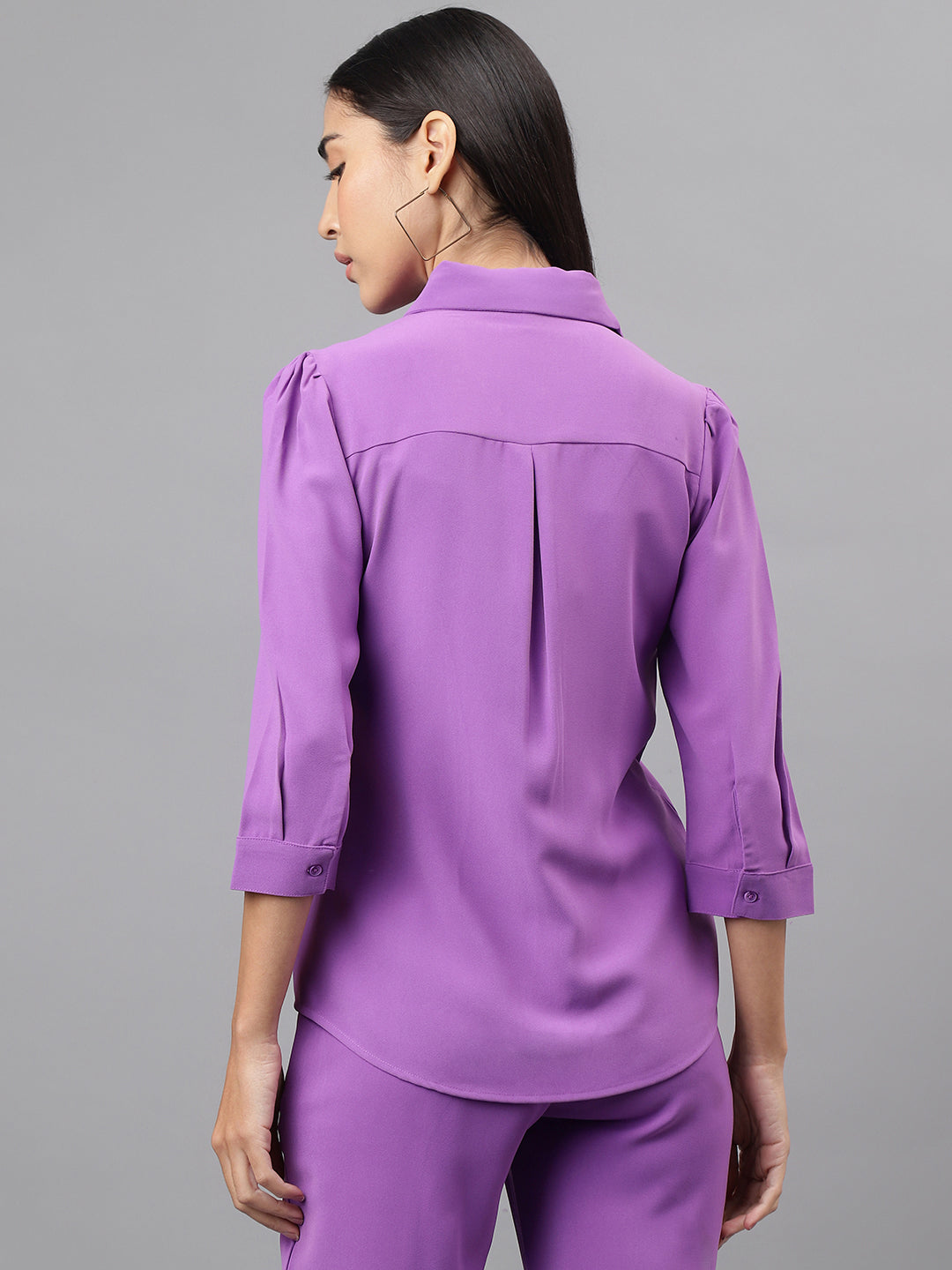 Women Lavender 3/4 Sleeve Collar Neck Solid Long Blouse