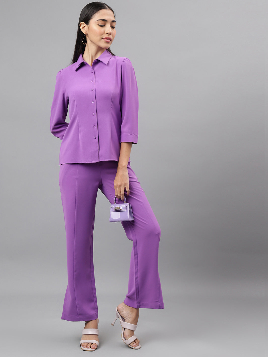 Women Lavender 3/4 Sleeve Collar Neck Solid Long Blouse