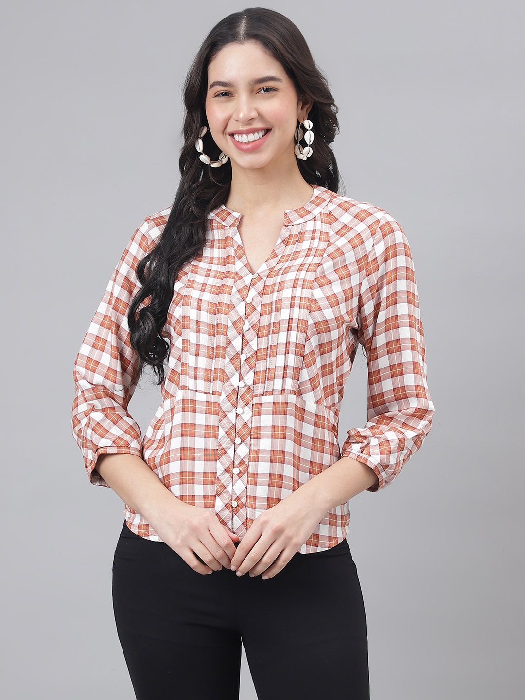 Brown 3/4 Sleeve Mandarin Collar Women Checked Top