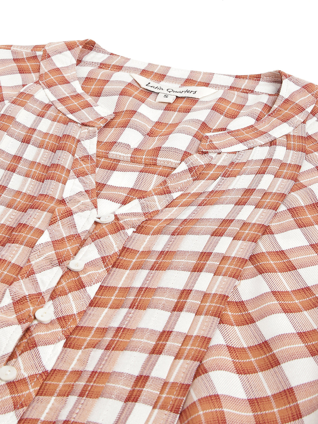 Brown 3/4 Sleeve Mandarin Collar Women Checked Top