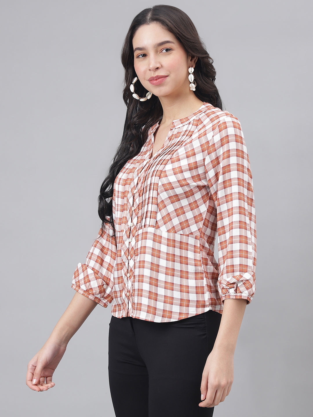 Brown 3/4 Sleeve Mandarin Collar Women Checked Top