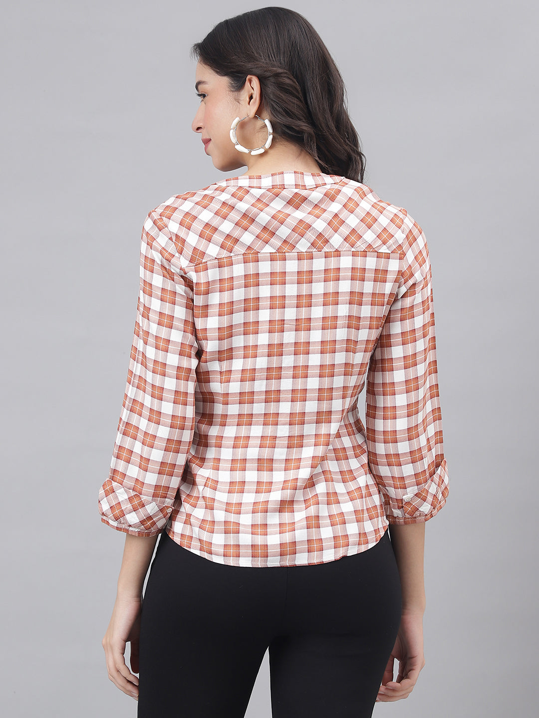 Brown 3/4 Sleeve Mandarin Collar Women Checked Top