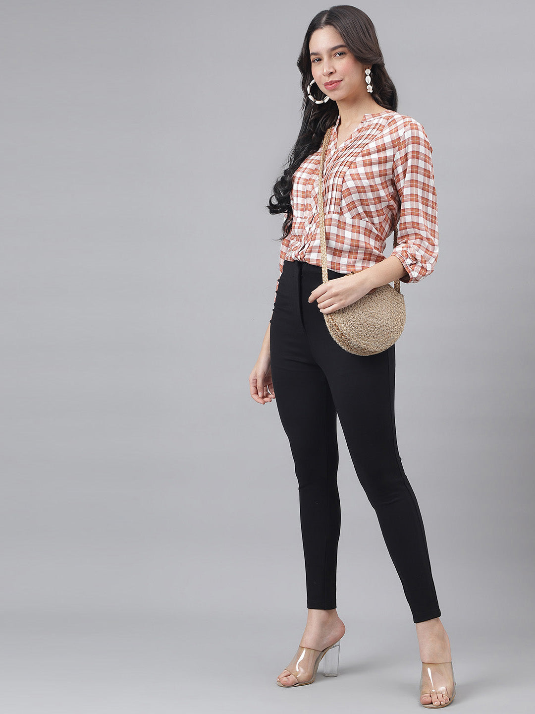 Brown 3/4 Sleeve Mandarin Collar Women Checked Top
