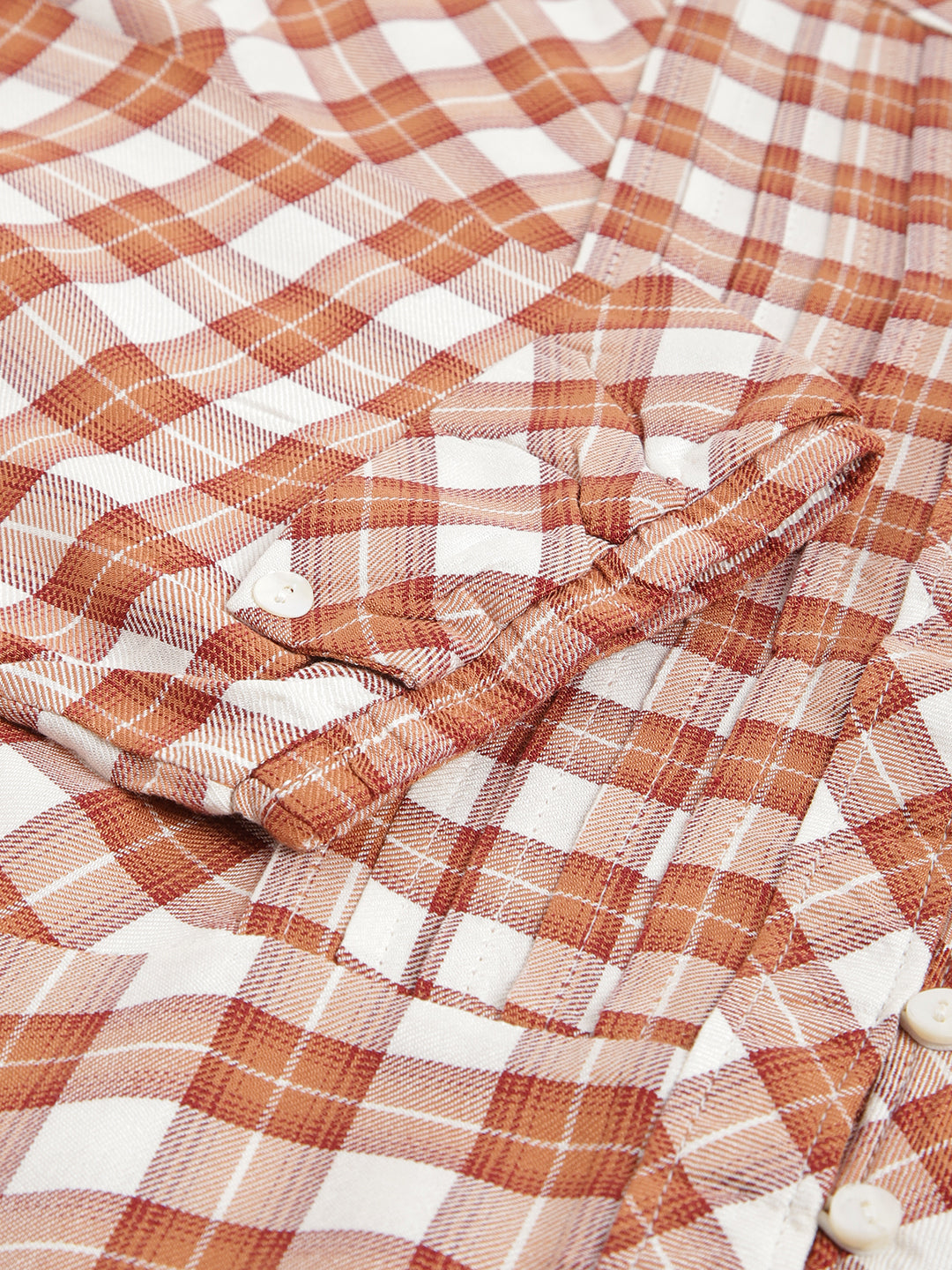 Brown 3/4 Sleeve Mandarin Collar Women Checked Top