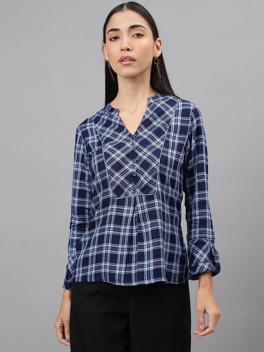 Blue Navy 3/4 Sleeve V-Neck Check Shirt Blouse