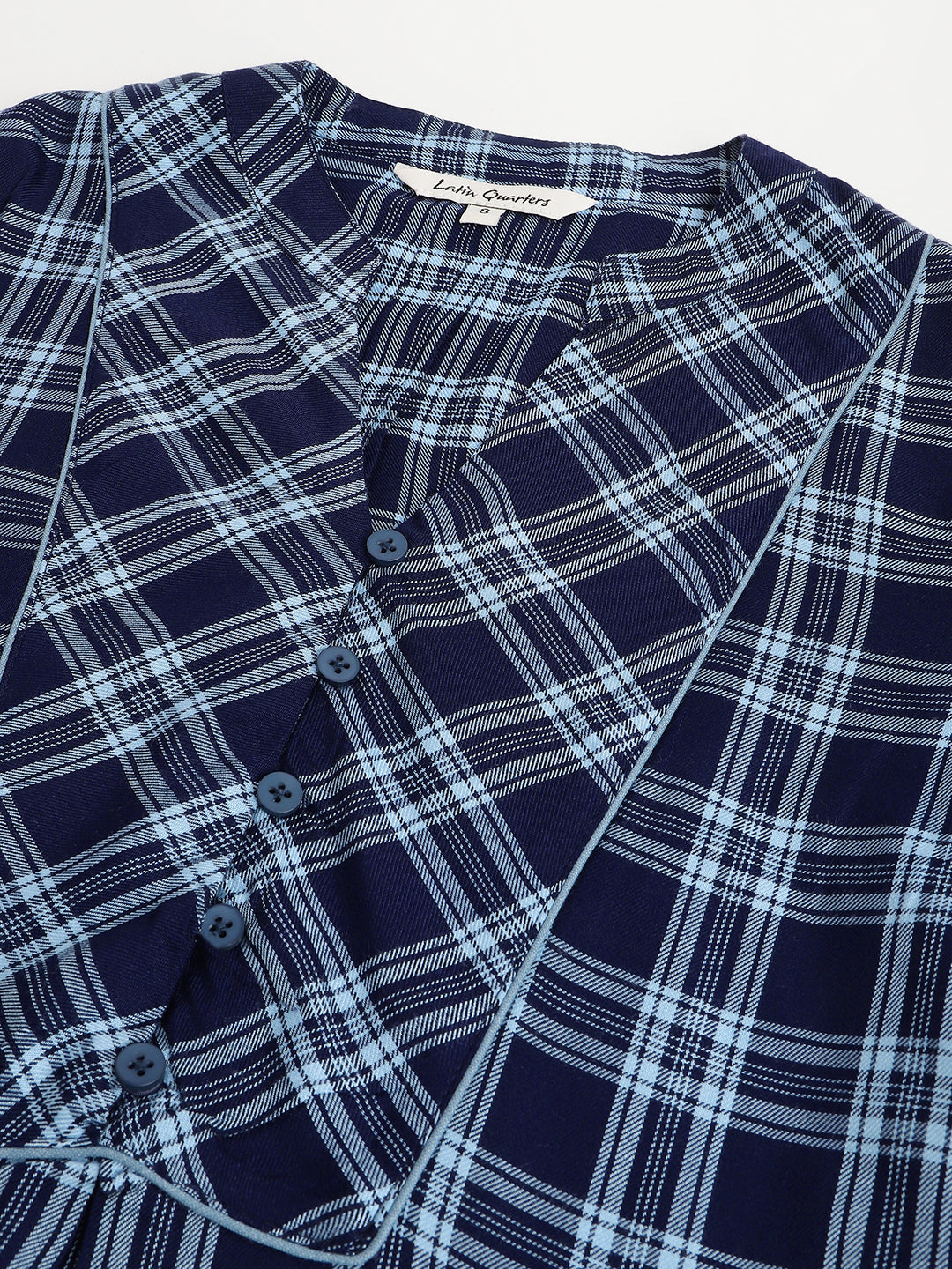 Blue Navy 3/4 Sleeve V-Neck Check Shirt Blouse